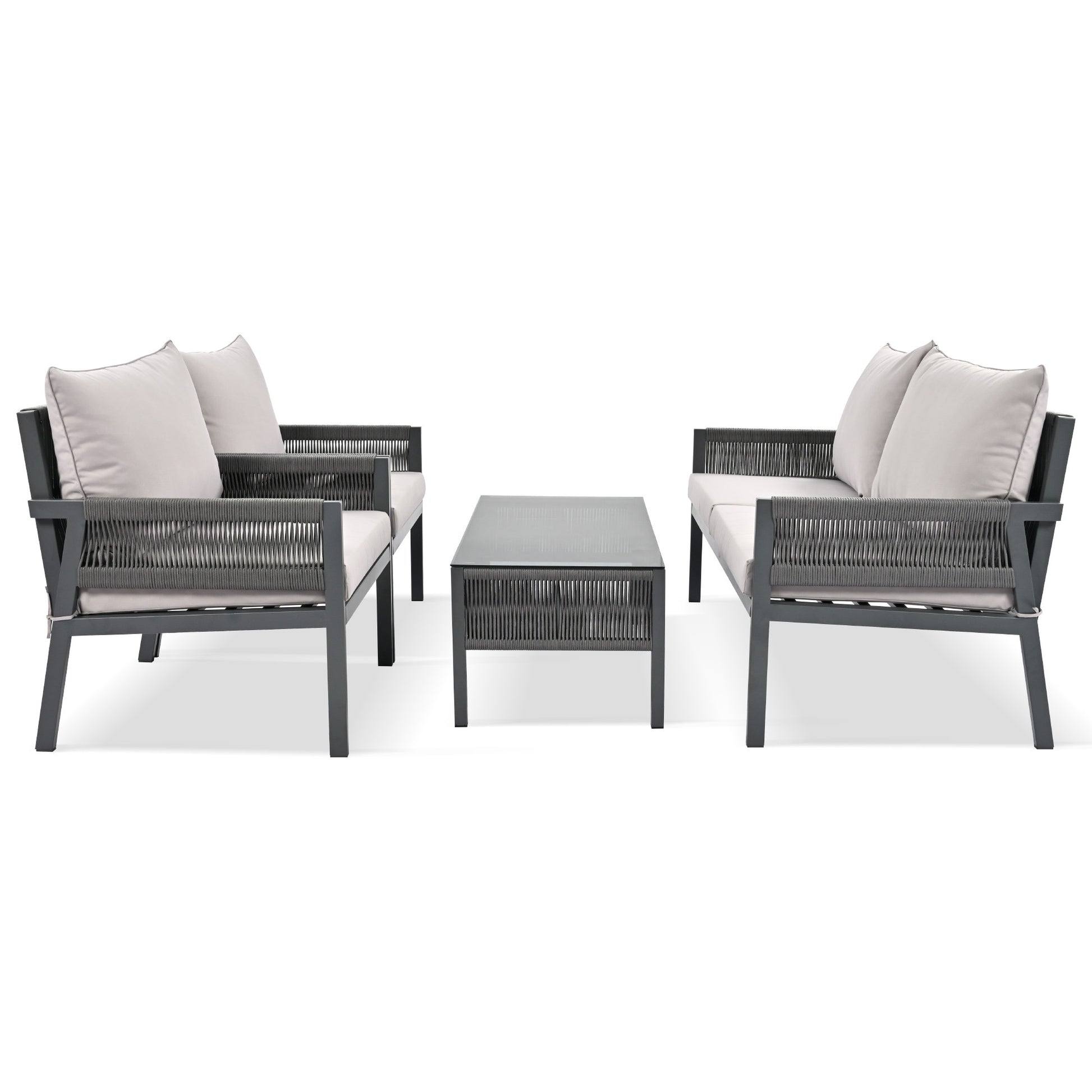 K&K 4 Piece Rope Patio Furniture Set, Outdoor Furniture With Tempered Glass Table, Patio Conversation Set Deep Seating With Thick Cushion For Backyard Porch Balcony Grey Yes Complete Patio Set Grey Weather Resistant Frame Fade Resistant Cushion Garden &