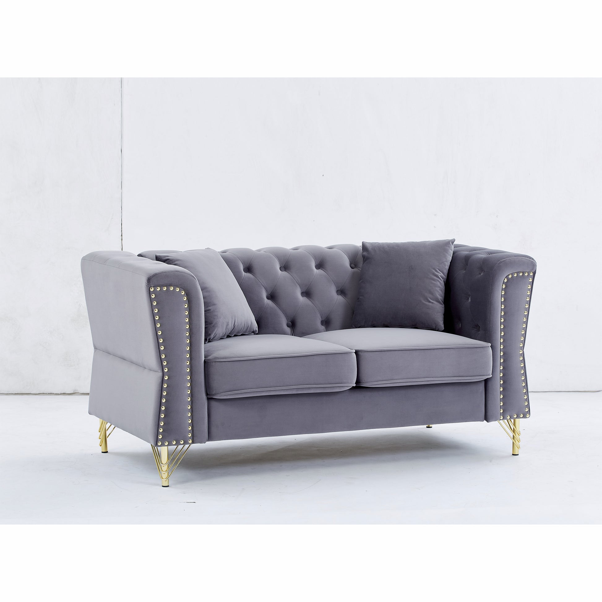3 Seater 2 Seater Combination Sofa Tufted Couch With Rolled Arms And For Living Room, Bedroom, Office, Apartment, Four Pillows Grey Foam Velvet