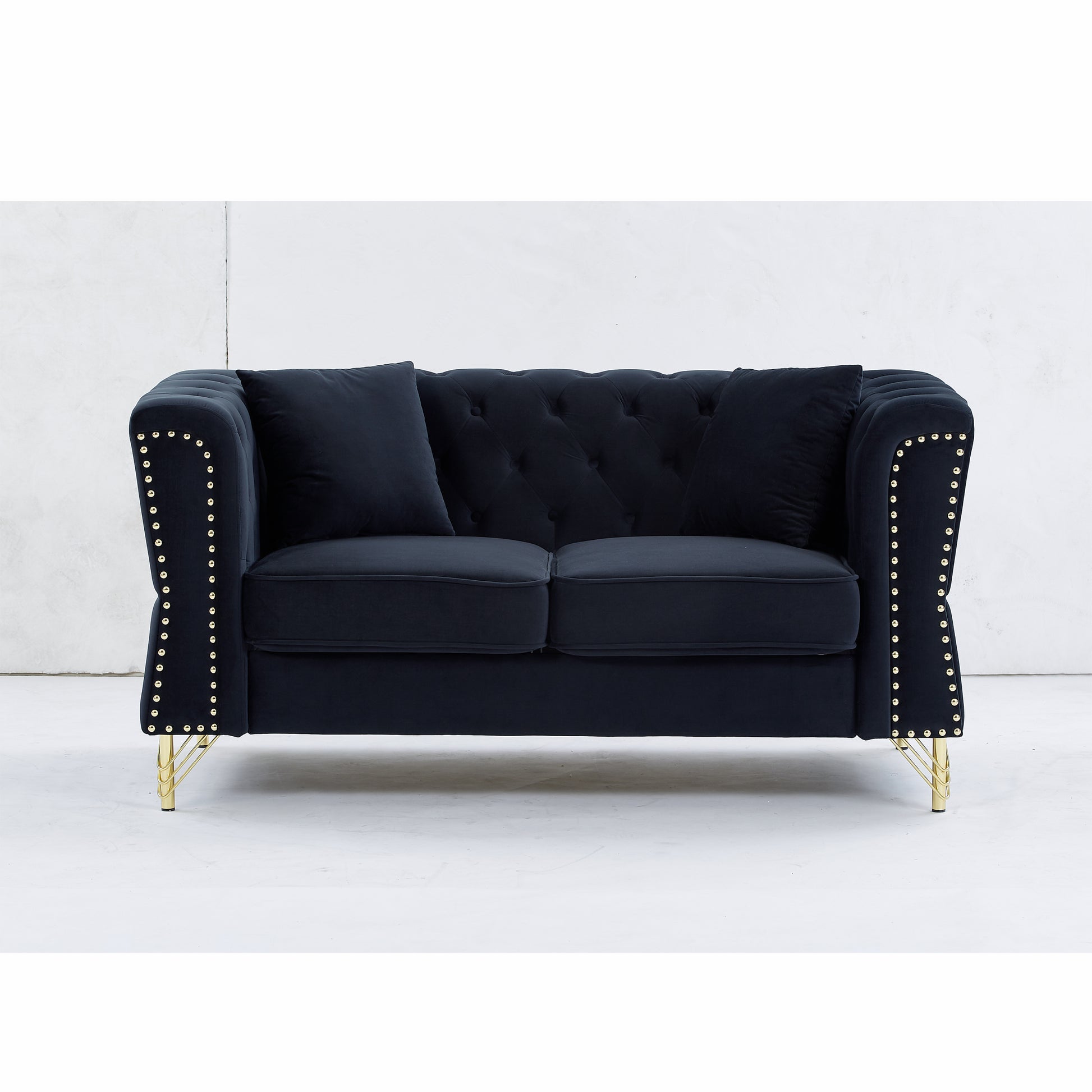 60.2" Chesterfield Sofa Beige Velvet For Living Room, 2 Seater Sofa Tufted Couch With Metal Foot And For Living Room, Bedroom, Office, Apartment, Two Pillows Black Foam Velvet