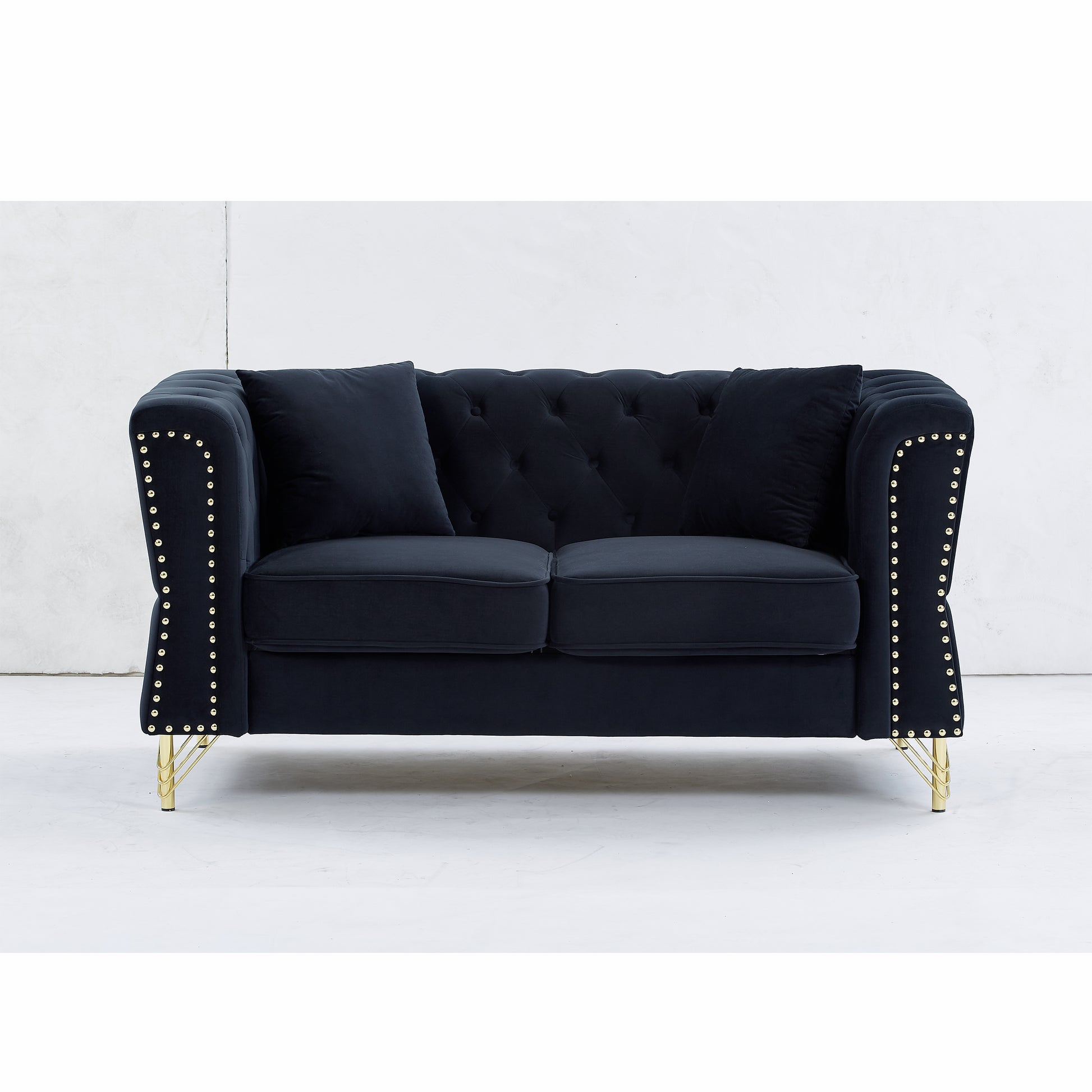 3 Seater 2 Seater Combination Sofa Tufted Couch With Rolled Arms And For Living Room, Bedroom, Office, Apartment, Four Pillows Black Foam Velvet