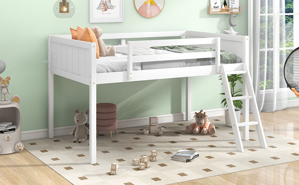 Twin Size Wood Low Loft Bed With Ladder, Ladder Can Be Placed On The Left Or Right, White Box Spring Not Required Twin White Wood Bedroom Solid Wood Mdf