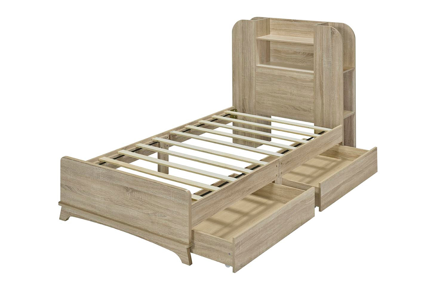 Twin Size Storage Platform Bed Frame With With Two Drawers And Light Strip Design In Headboard,Oak Twin Natural Solid Wood Mdf