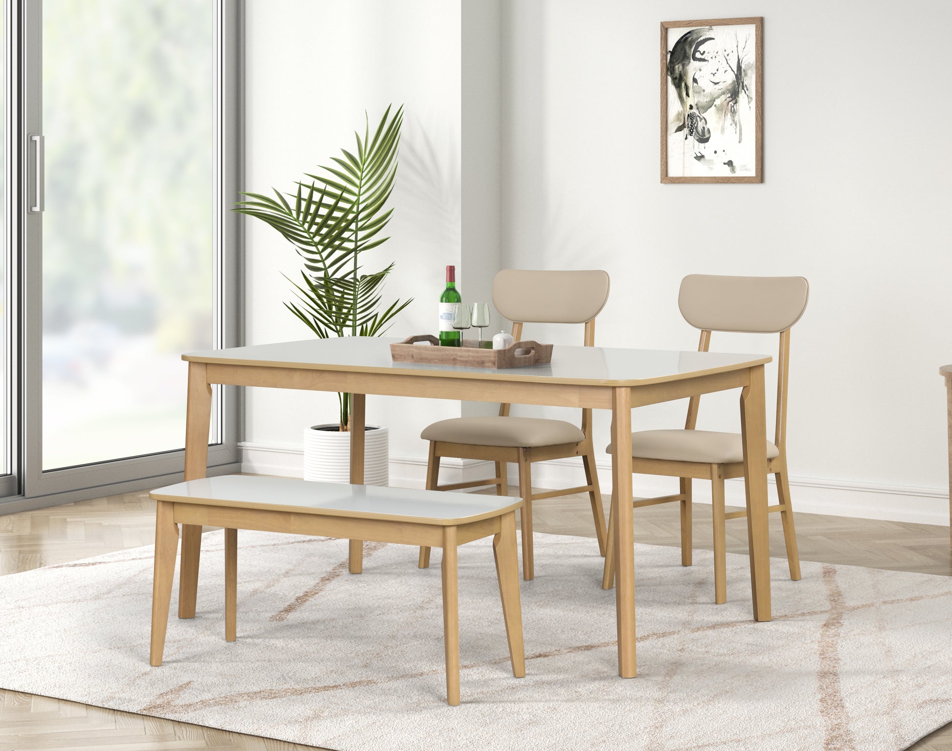 6 Piece Dining Table Set, One Table One Bench And Four Chairs, High Gloss White Tabletop With Light Oak Color Creamy White,White Light Oak Seats 6 Dining Room 60 Inches Rubberwood 4 Leg Rectangular Dining Table With Chair And Bench Mdf,Pu,Pvc,Rubber Wood