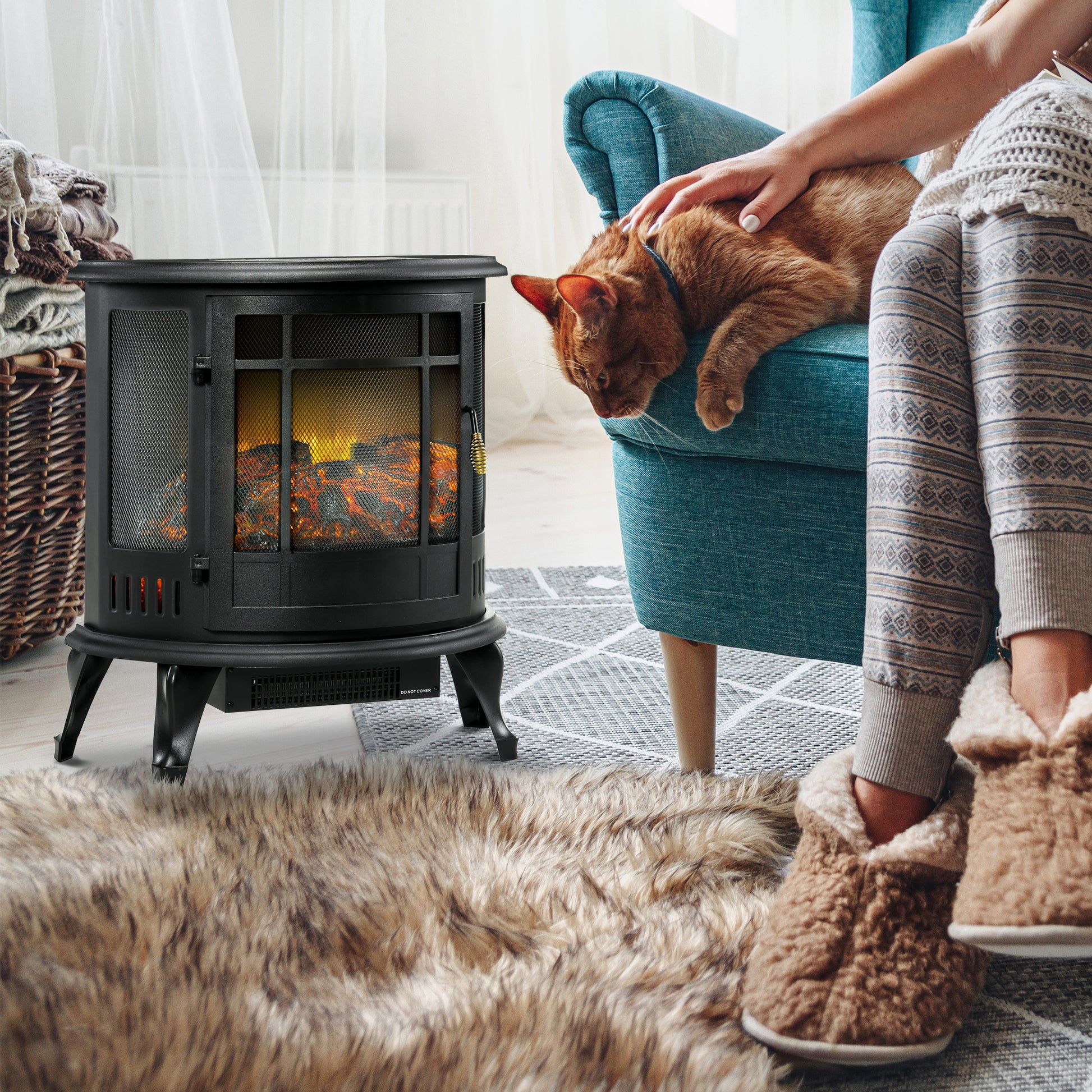 Homcom 22" Electric Fireplace Stove, Freestanding Electric Fire Place Heater With Realistic Led Flame, Adjustable Temperature, 1500W, Black Black Polypropylene