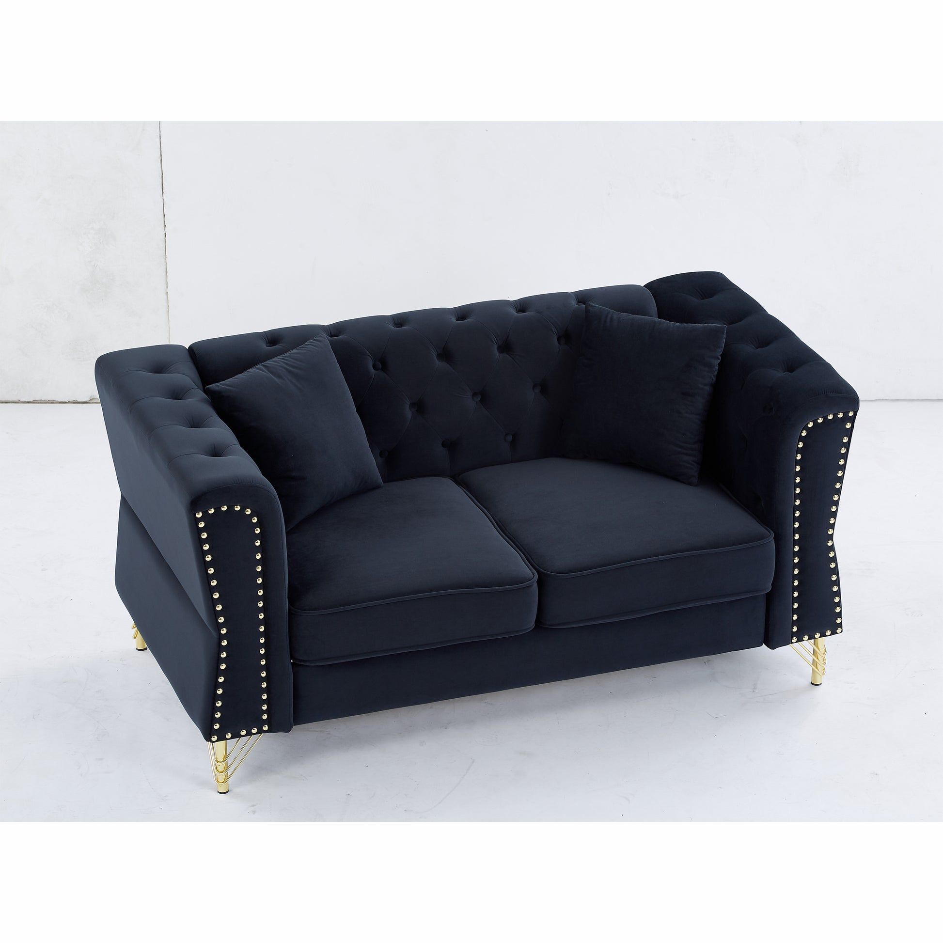 81.8" Chesterfield Sofa Grey Velvet For Living Room, 3 Seater Sofa Tufted Couch With Metal Foot And For Living Room, Bedroom, Office, Apartment, Two Pillows Black Foam Velvet