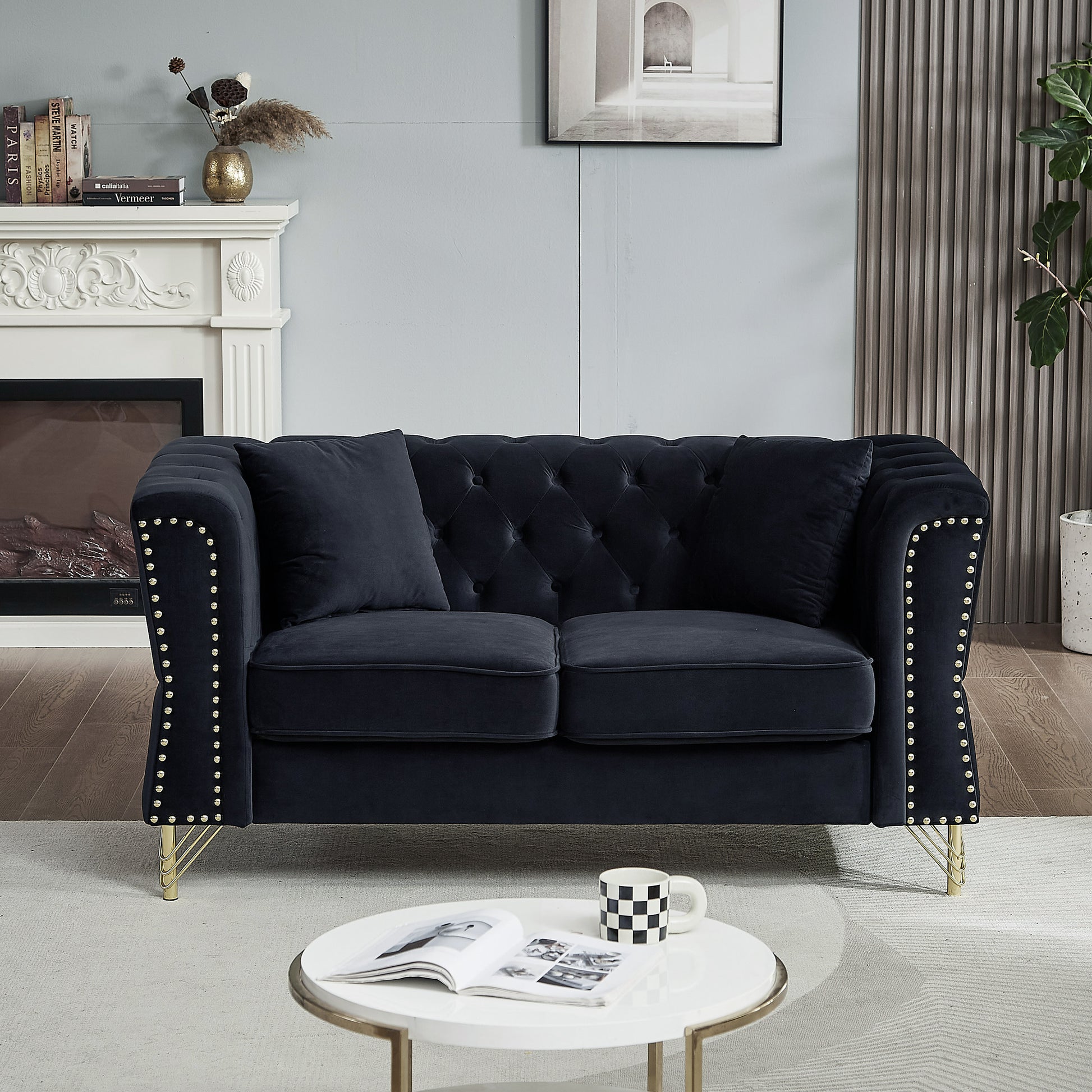 3 Seater 2 Seater Combination Sofa Tufted Couch With Rolled Arms And For Living Room, Bedroom, Office, Apartment, Four Pillows Black Foam Velvet