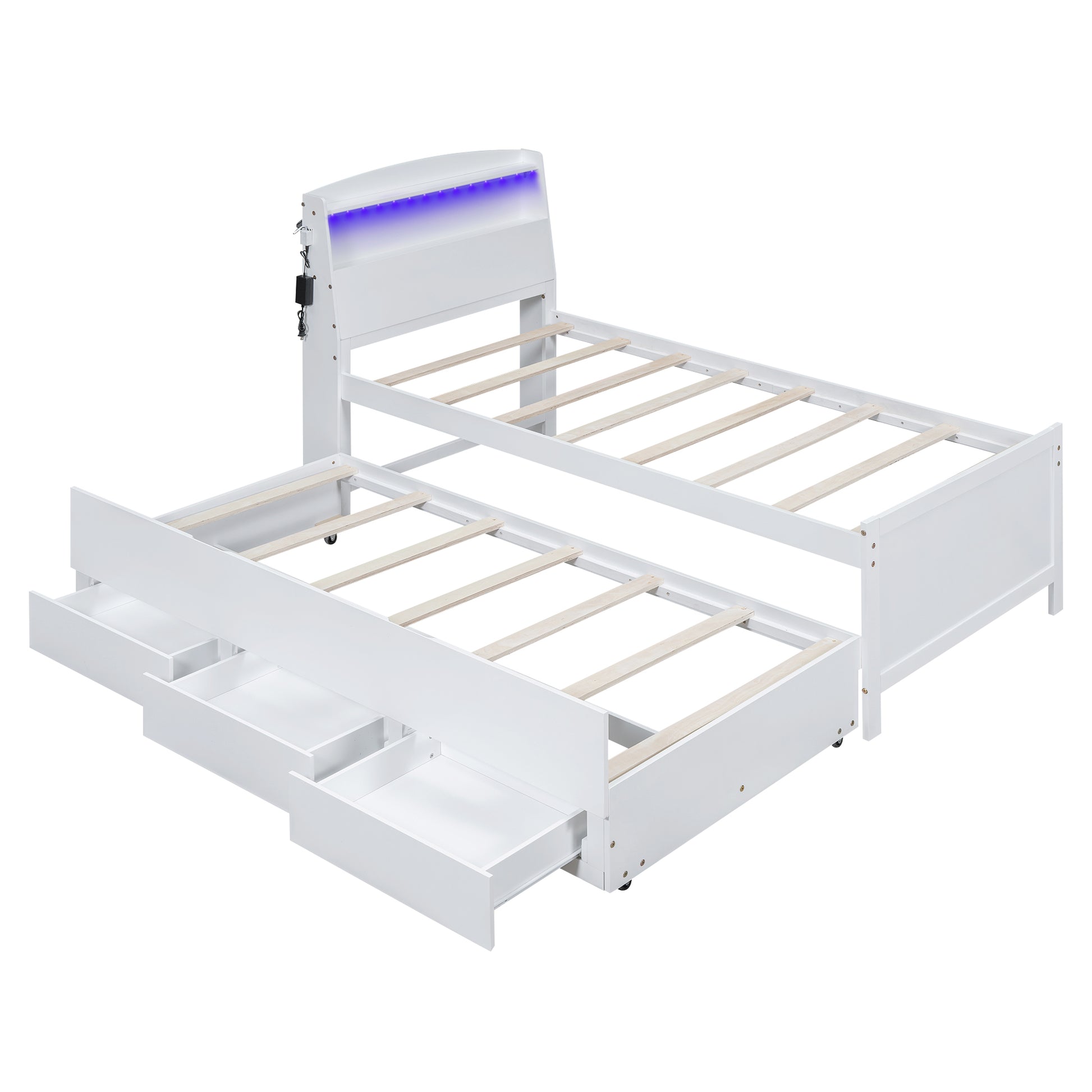 Twin Size Platform Bed With Storage Led Headboard, Twin Size Trundle And 3 Drawers, White Box Spring Not Required Twin White Bedroom Bed Frame Solid Wood Mdf
