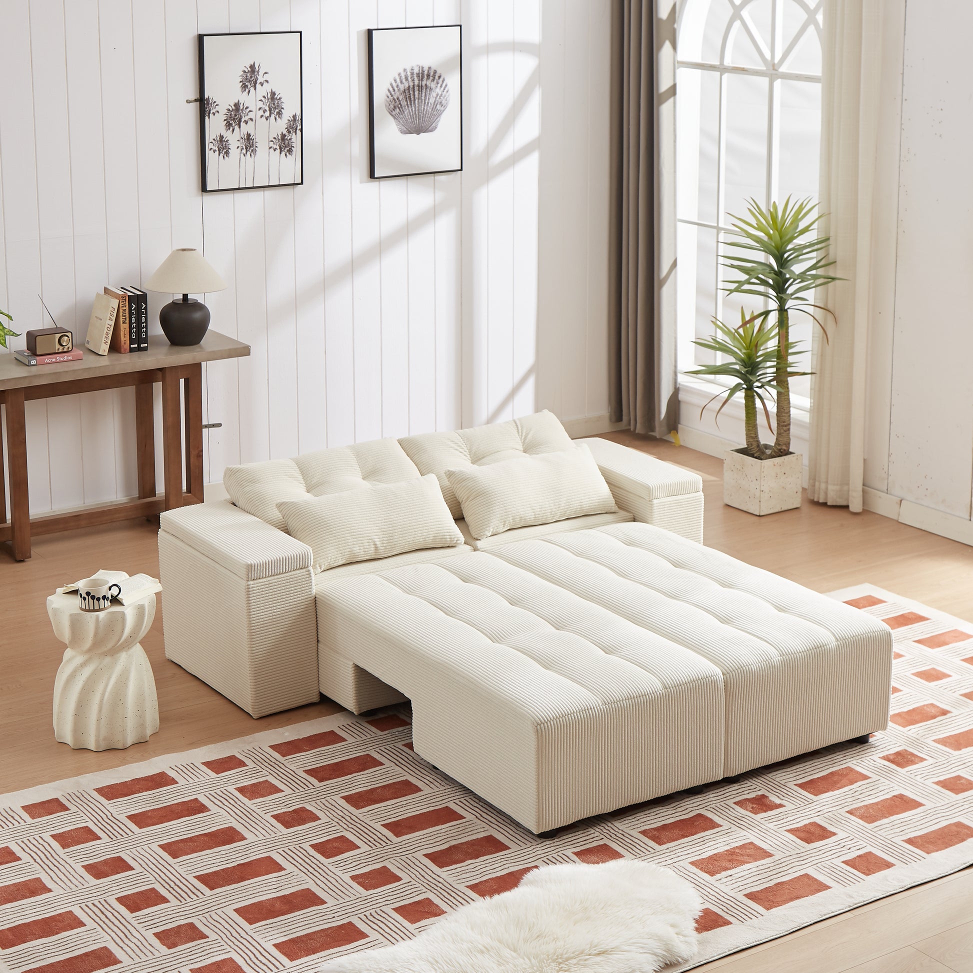 Convertible 3 In 1 Sleeper Sofa And Sectional Sofa With 4 Storage Space For Living Room,Corduroy Couch With 4 Pillows,Corduroy Beige Corduroy 3 Seat