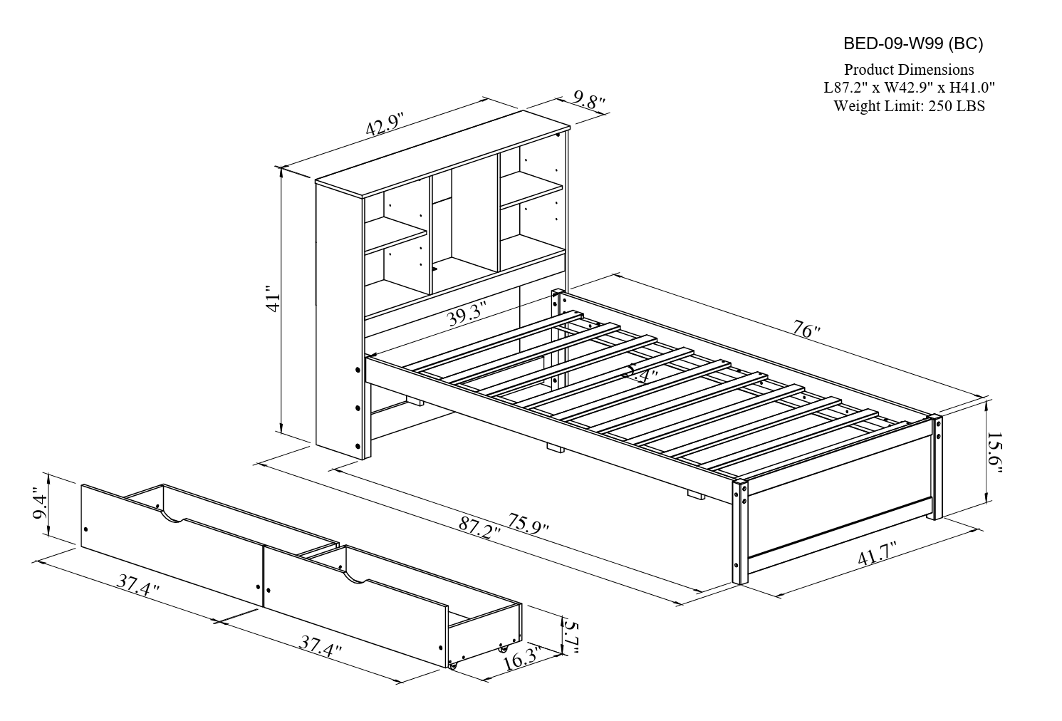 Modern Twin Size Bed Frame With Built In Usb Port On Bookcase Headboard And 2 Drawers For Walnut Color Box Spring Not Required Twin Walnut Bedroom Bed Frame Particle Board