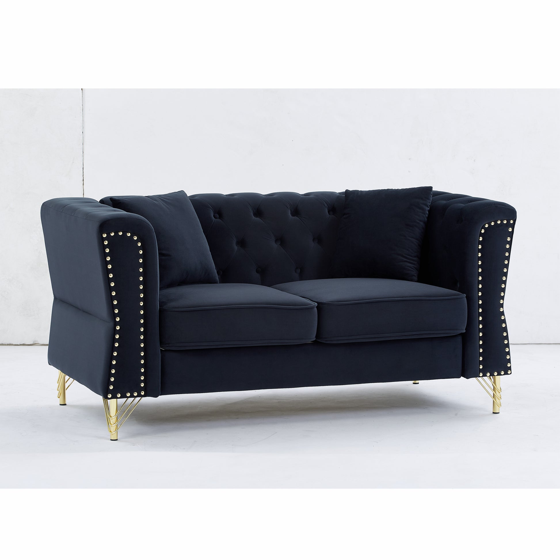 60.2" Chesterfield Sofa Beige Velvet For Living Room, 2 Seater Sofa Tufted Couch With Metal Foot And For Living Room, Bedroom, Office, Apartment, Two Pillows Black Foam Velvet