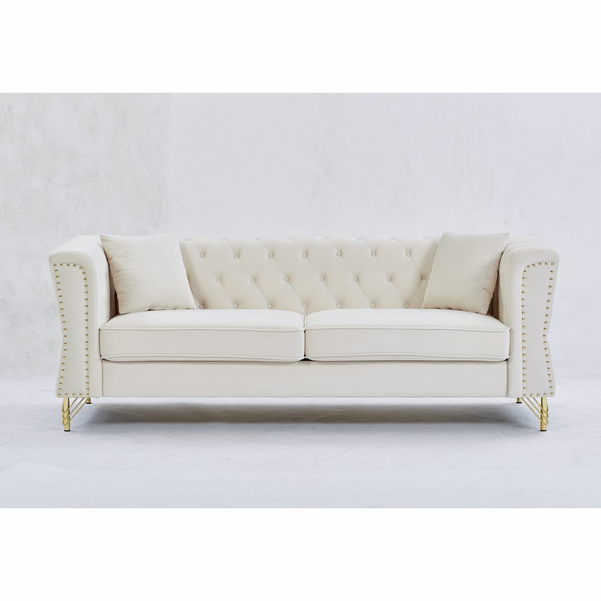81.8" Chesterfield Sofa Grey Velvet For Living Room, 3 Seater Sofa Tufted Couch With Metal Foot And For Living Room, Bedroom, Office, Apartment, Two Pillows Beige Foam Velvet
