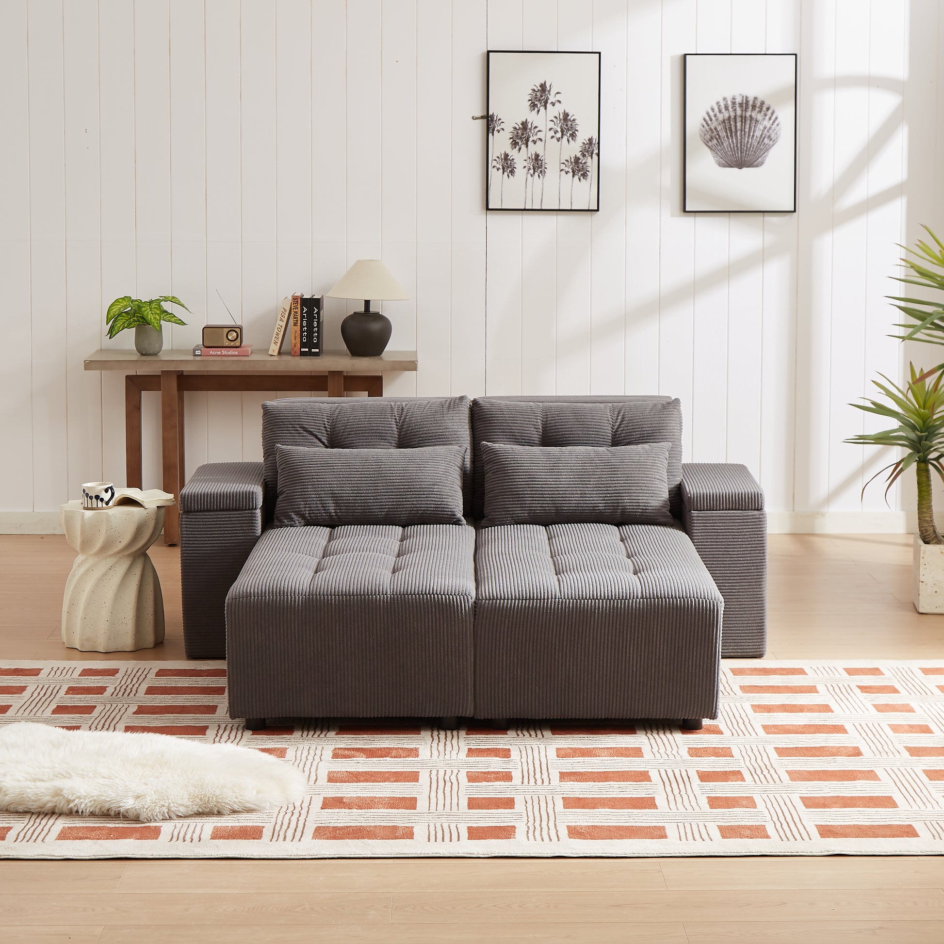Convertible 3 In 1 Sleeper Sofa And Sectional Sofa With 4 Storage Space For Living Room,Corduroy Couch With 4 Pillows,Corduroy Grey Corduroy 3 Seat