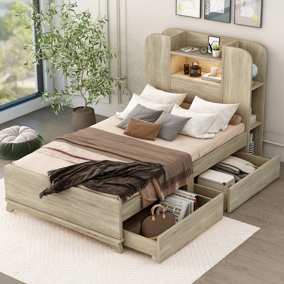 Twin Size Storage Platform Bed Frame With With Two Drawers And Light Strip Design In Headboard,Oak Twin Natural Solid Wood Mdf