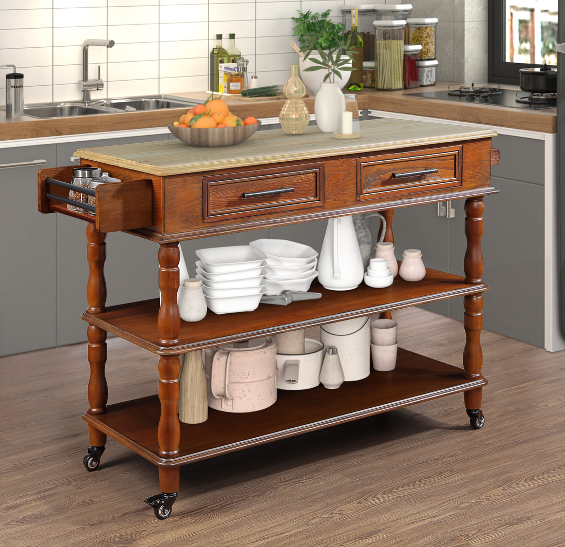 56 Inch Rolling Kitchen Island With Storage,Kitchen Cart With Solid Oak Wood Top,Two Sided Kitchen Island Cart On Wheelswine And Spice Rack, Large Kitchen Cart With 2 Drawers, Walnut Natural Top Walnut Dining Room American Design,Antique Kitchen Carts