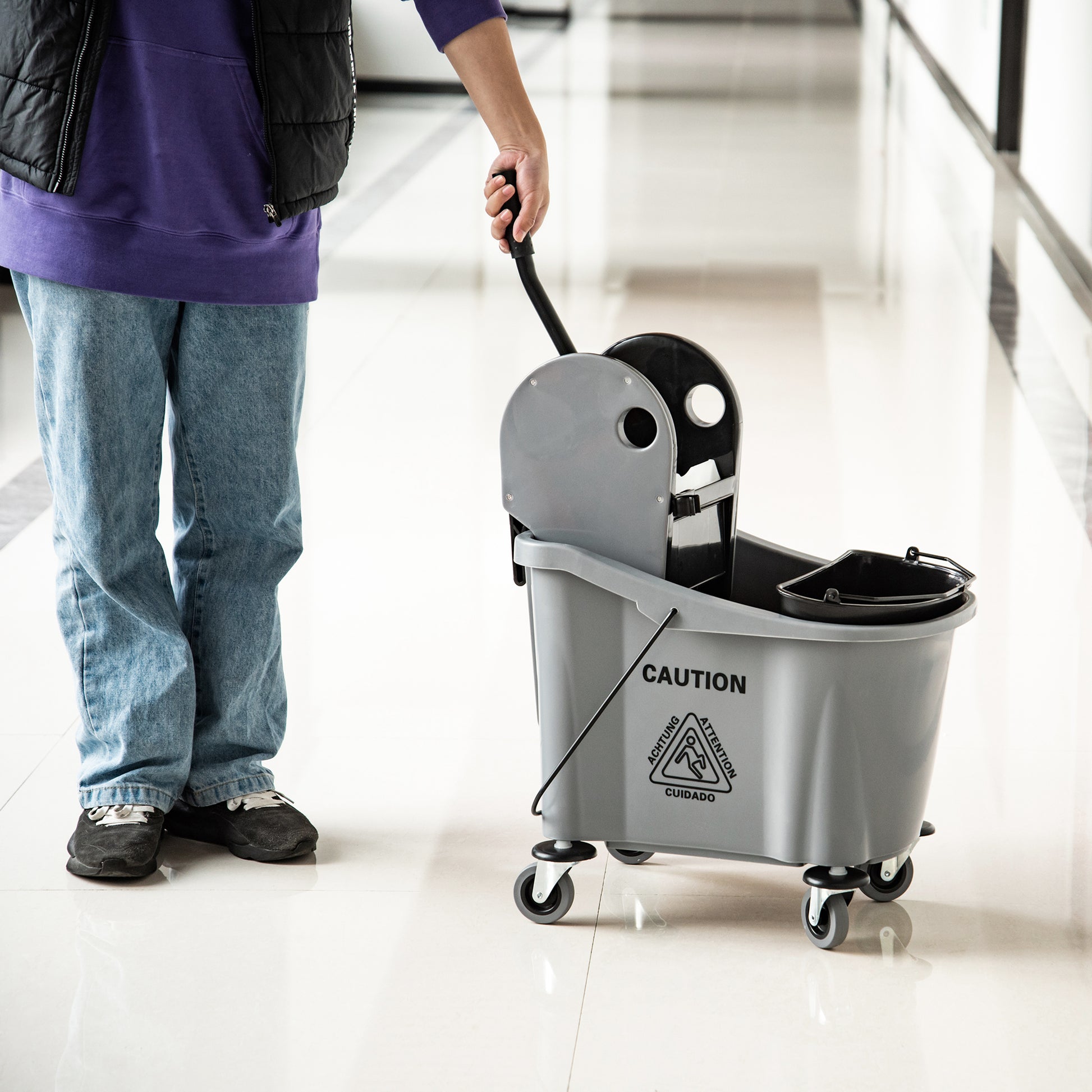 Homcom 9.5 Gallon 38 Quart Mop Bucket With Wringer Cleaning Cart, 4 Moving Wheels, 2 Separate Buckets, & Mop Handle Holder, Grey Gray Plastic