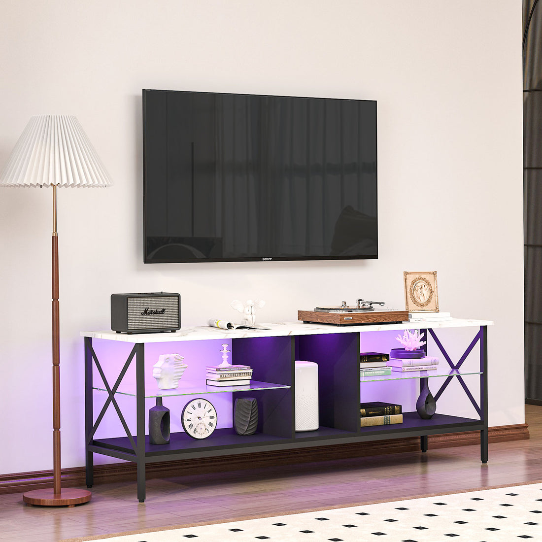 Tv Stand,Iron Tv Cabinet,Entertainment Center, Tv Set, Media Console, With Led Lights, Remote Control,Toughened Glass Stand,Can Be Placed In The Living Room, Bedroom, Color:White With Marble Texture White Primary Living Space 60 69 Inches 60 69 Inches 65