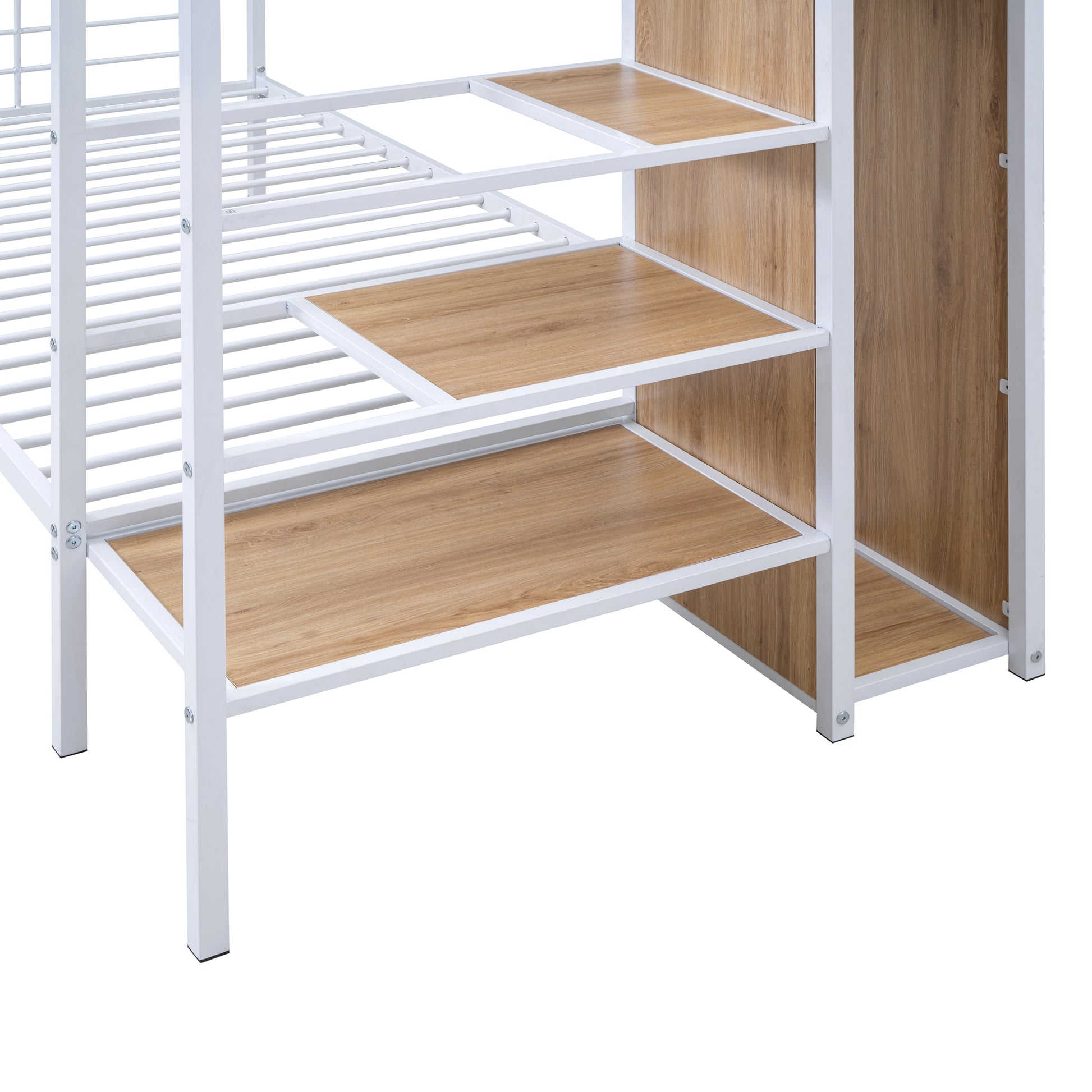 Twin Over Twin Metal Bunk Bed With Lateral Storage Ladder And Wardrobe, White White Iron