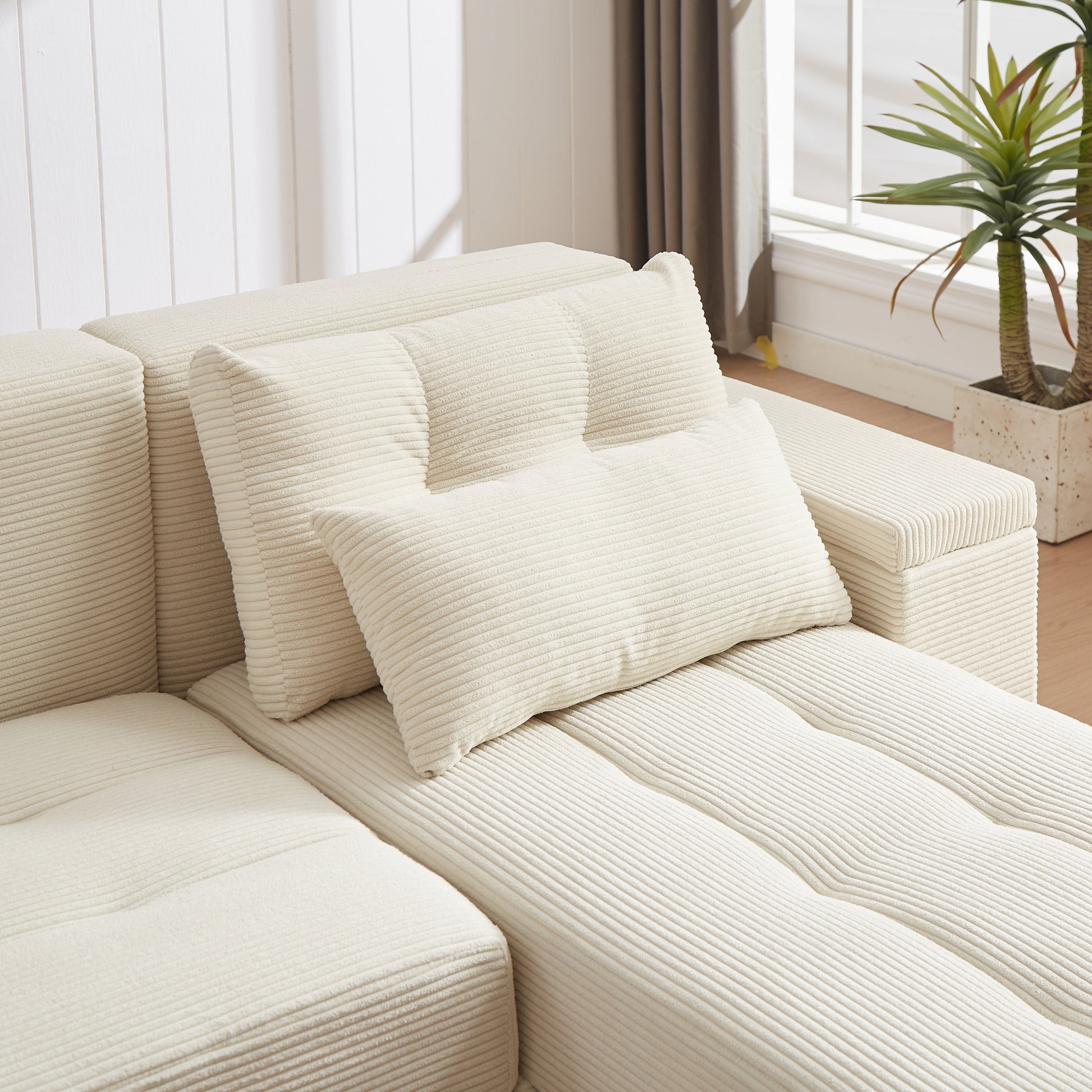 Convertible 3 In 1 Sleeper Sofa And Sectional Sofa With 4 Storage Space For Living Room,Corduroy Couch With 4 Pillows,Corduroy Beige Corduroy 3 Seat