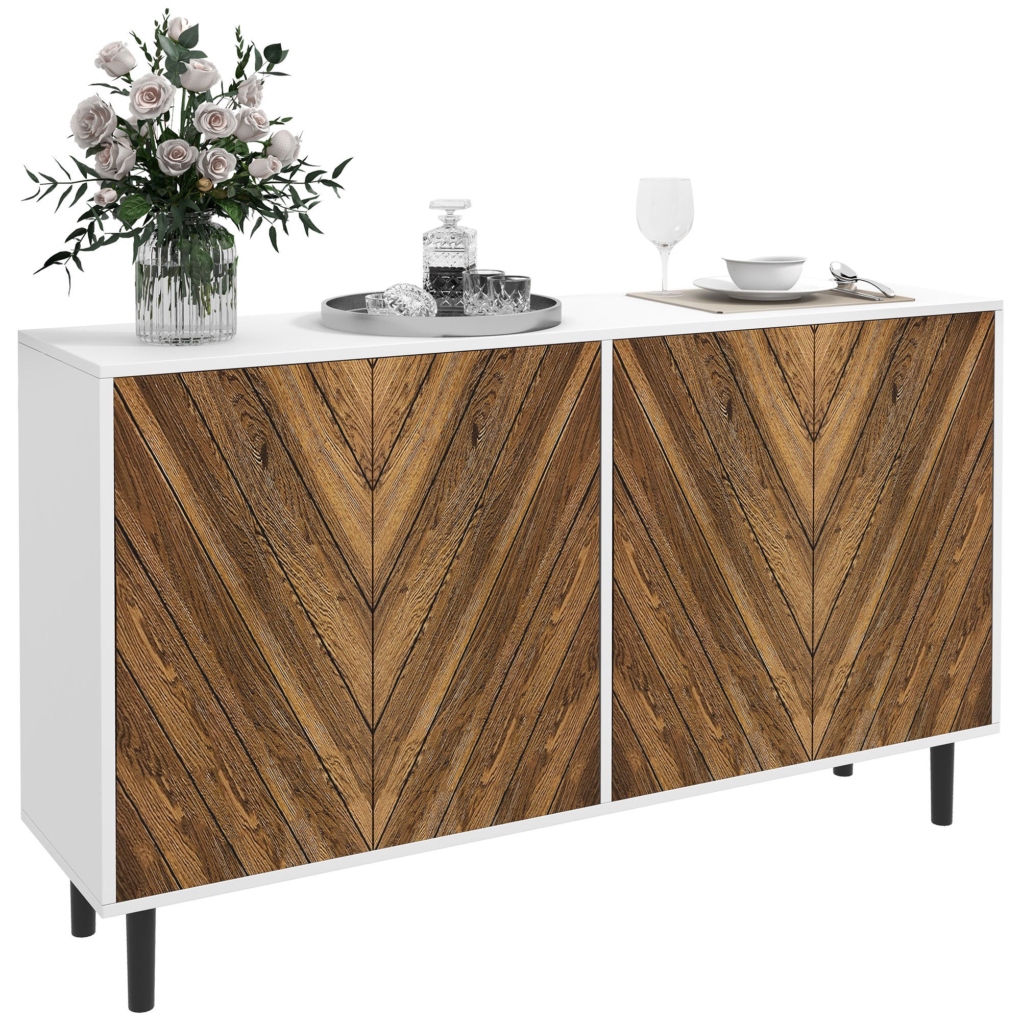 Homcom Modern Kitchen Sideboard Buffet Cabinet With Adjustable Shelves, 48" Coffee Bar Cabinet With Chevron Doors And Pine Wood Legs, Brown Brown Particle Board