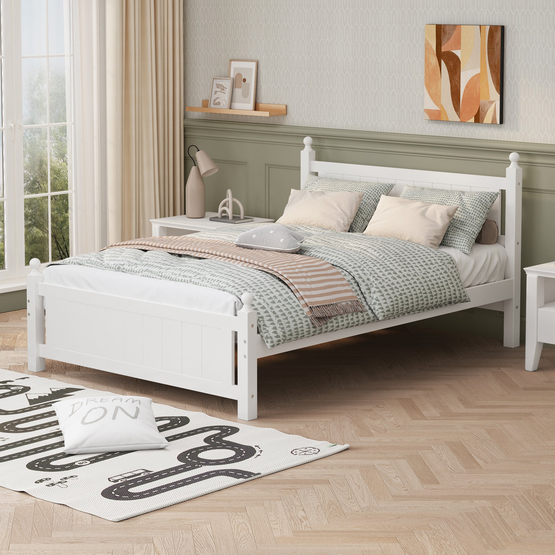 Full Size Solid Wood Platform Bed Frame For Kids, Teens, Adults, No Need Box Spring, White Box Spring Not Required Full White Wood Bedroom Mid Century Modern,Modern Pine Bed Frame Wood
