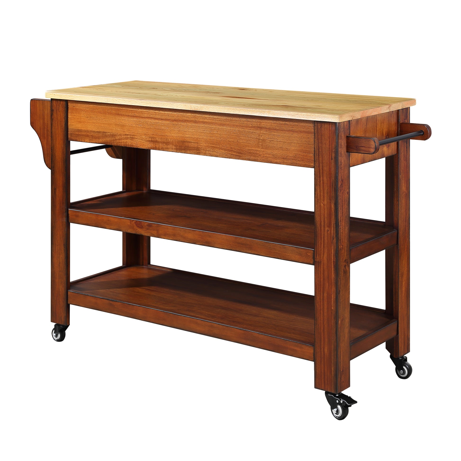 57 Inch Rolling Kitchen Island With Storage,Kitchen Cart With Solid Oak Wood Top,Two Sided Kitchen Island Cart On Wheels ,Wine And Spice Rack, Large Kitchen Cart With 2 Drawers, Walnut Natural Top Walnut American Design Rectangular Kitchen Carts Solid