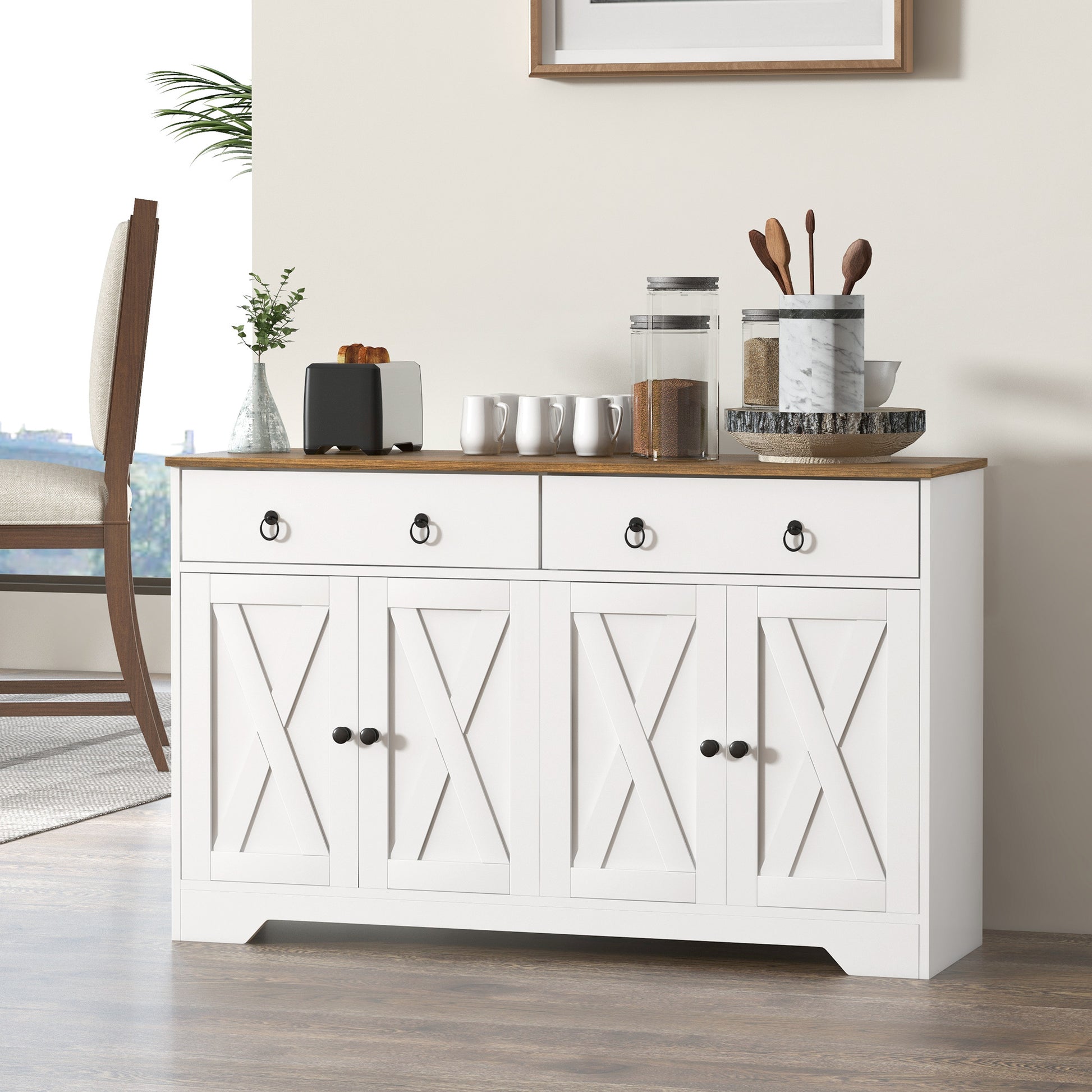 Homcom Sideboard, Buffet Cabinet With 2 Drawers, 2Storage Cabinets, 4 Barn Style Doors And Adjustable Shelves, Farmhouse Buffet Table With Storage, Wood Grain Top, White White Particle Board