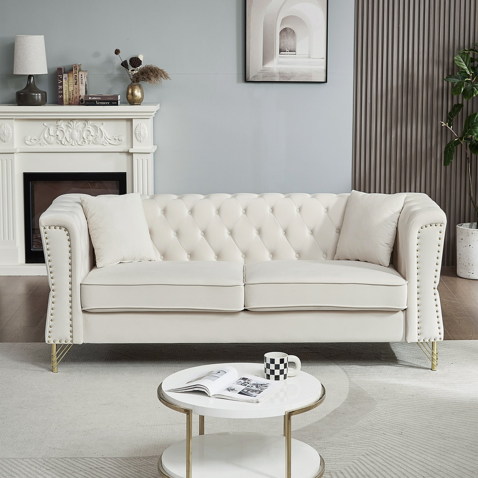 81.8" Chesterfield Sofa Grey Velvet For Living Room, 3 Seater Sofa Tufted Couch With Metal Foot And For Living Room, Bedroom, Office, Apartment, Two Pillows Beige Foam Velvet