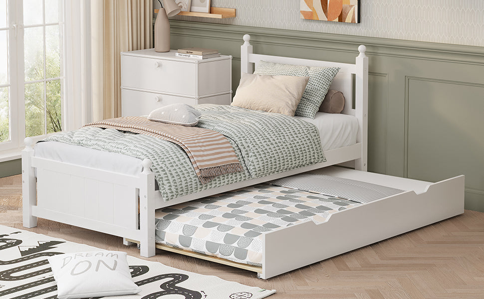 Twin Size Solid Wood Platform Bed Frame With Trundle For Limited Space Kids, Teens, Adults, No Need Box Spring, White Box Spring Not Required Twin White Wood Bedroom Mid Century Modern,Modern Pine Bed Frame Wood