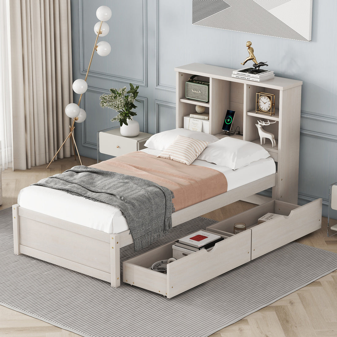 Modern Twin Size Bed Frame With Built In Usb Port On Bookcase Headboard And 2 Drawers For White Washed Color Box Spring Not Required Twin White Washed Bedroom Bed Frame Particle Board