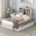 Modern Twin Size Bed Frame With Built In Usb Port On Bookcase Headboard And 2 Drawers For White Washed Color Box Spring Not Required Twin White Washed Bedroom Bed Frame Particle Board
