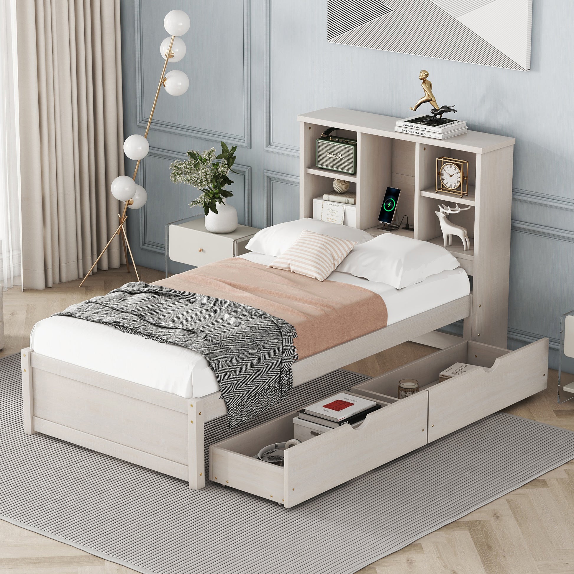 Modern Twin Size Bed Frame With Built In Usb Port On Bookcase Headboard And 2 Drawers For White Washed Color Box Spring Not Required Twin White Washed Bedroom Bed Frame Particle Board