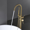 Single Handle Freestanding Tub Filler Floor Mount Bathtub Faucet With Handheld Shower Brushed Gold Bathroom Joystick Claw Foot Tub Faucets Curved Two Brushed Gold Pull Out Floor Mounted Cartridge Valve Single Hole Faucets Gold Antique,Classic 1 Hole