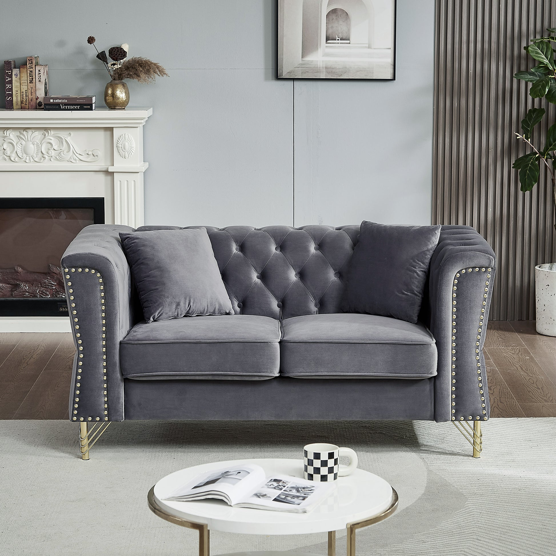 60.2" Chesterfield Sofa Beige Velvet For Living Room, 2 Seater Sofa Tufted Couch With Metal Foot And For Living Room, Bedroom, Office, Apartment, Two Pillows Grey Foam Velvet