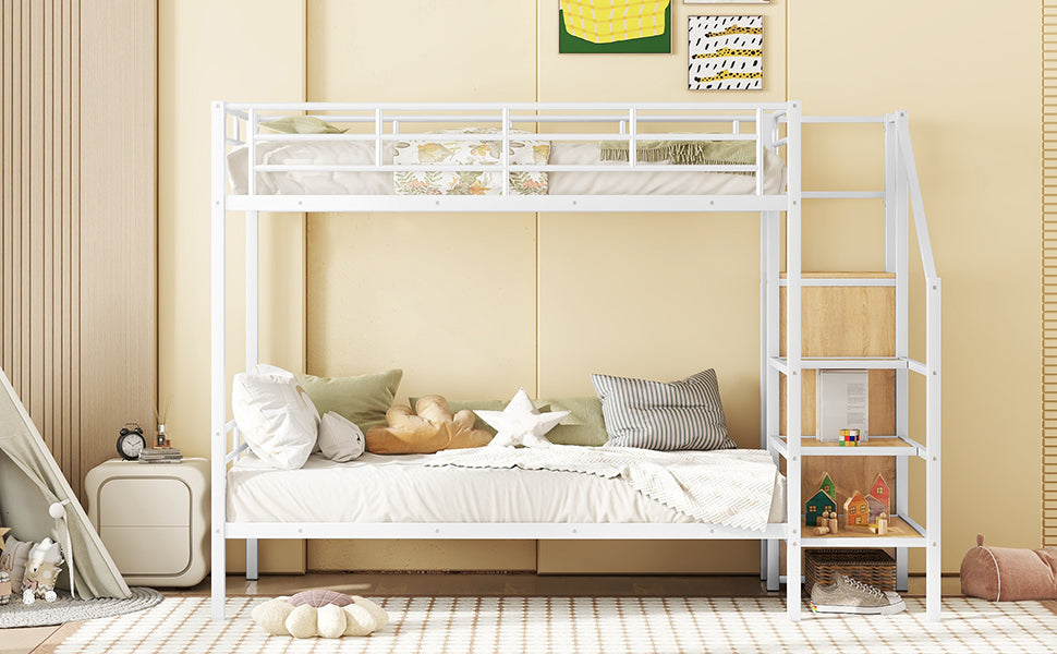 Twin Over Twin Metal Bunk Bed With Lateral Storage Ladder And Wardrobe, White White Iron