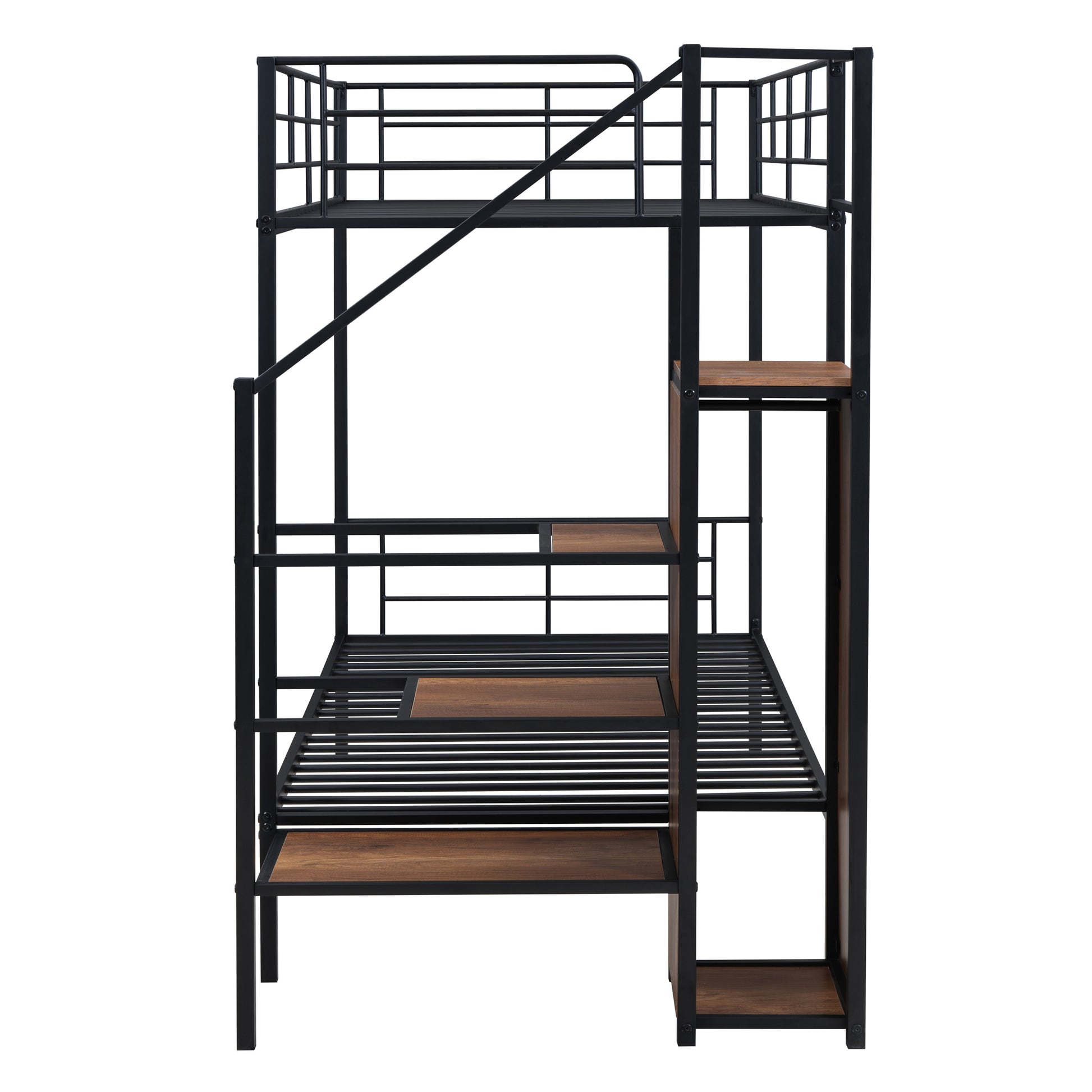 Twin Over Twin Metal Bunk Bed With Lateral Storage Ladder And Wardrobe, Black Black Iron