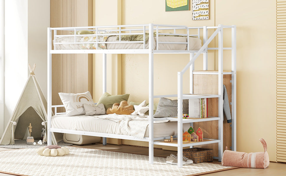 Twin Over Twin Metal Bunk Bed With Lateral Storage Ladder And Wardrobe, White White Iron