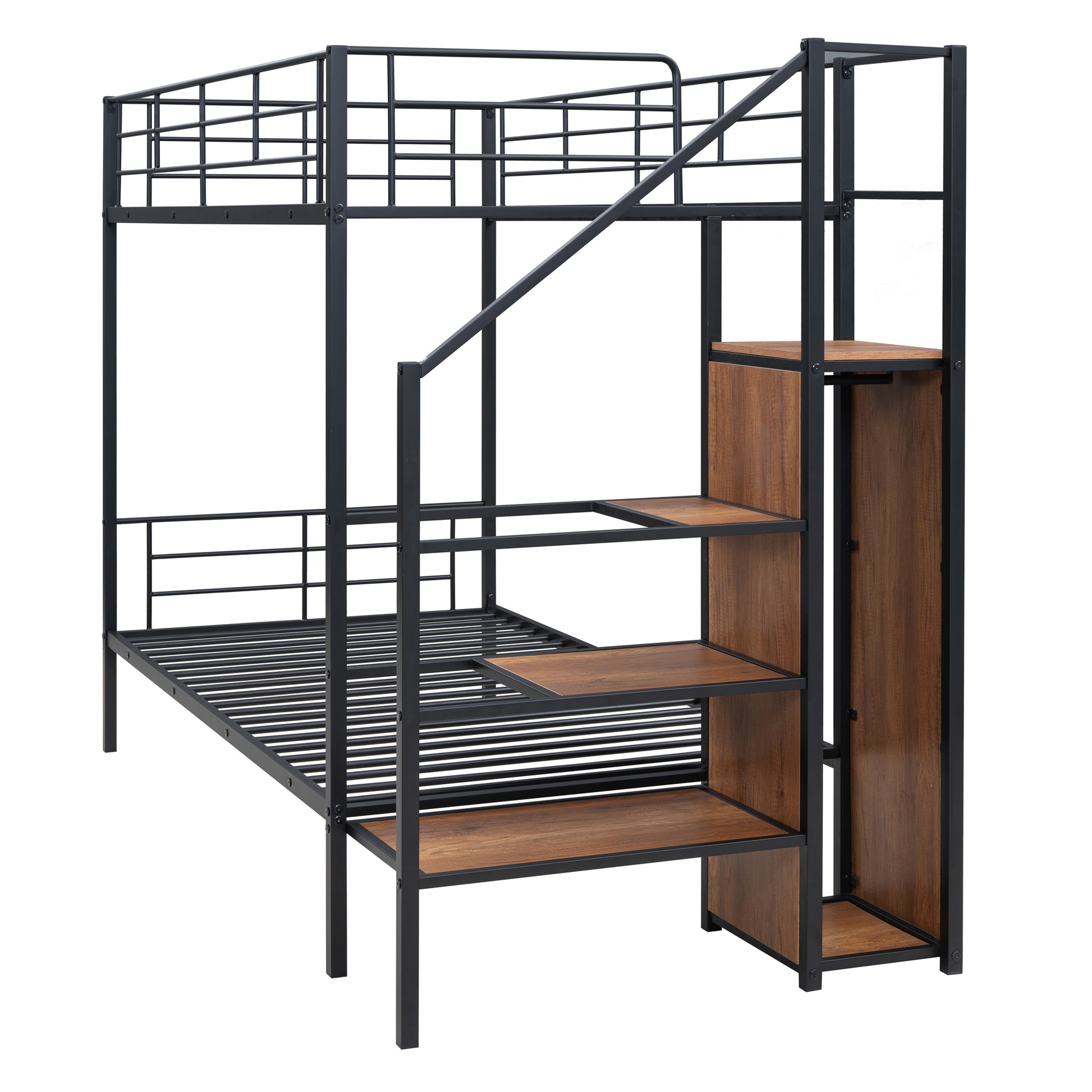 Twin Over Twin Metal Bunk Bed With Lateral Storage Ladder And Wardrobe, Black Black Iron