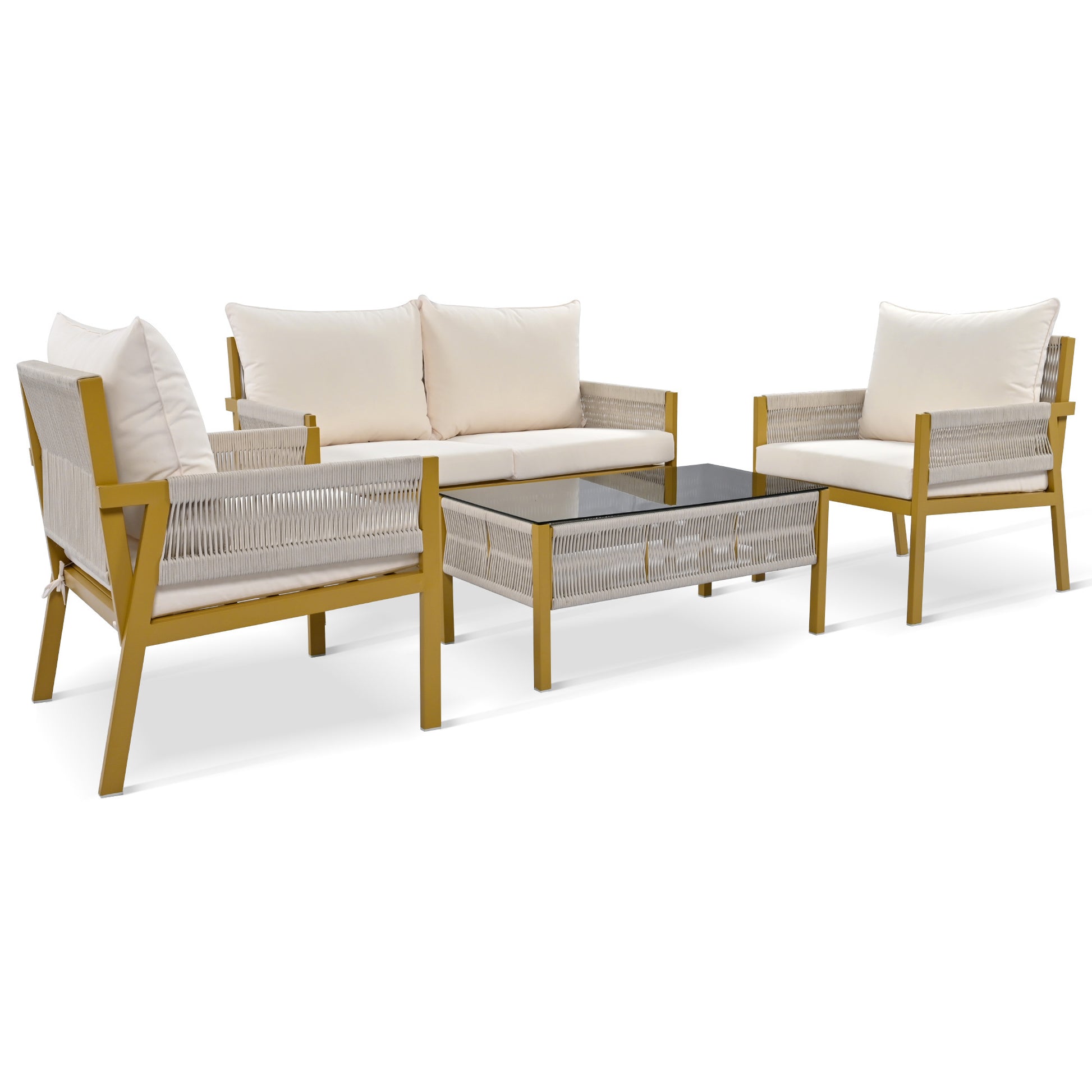 K&K 4 Piece Rope Patio Furniture Set, Outdoor Furniture With Tempered Glass Table, Patio Conversation Set Deep Seating With Thick Cushion For Backyard Porch Balcony Beige&Mustard Yellow Yes Complete Patio Set Beige Yellow Weather Resistant Frame Fade
