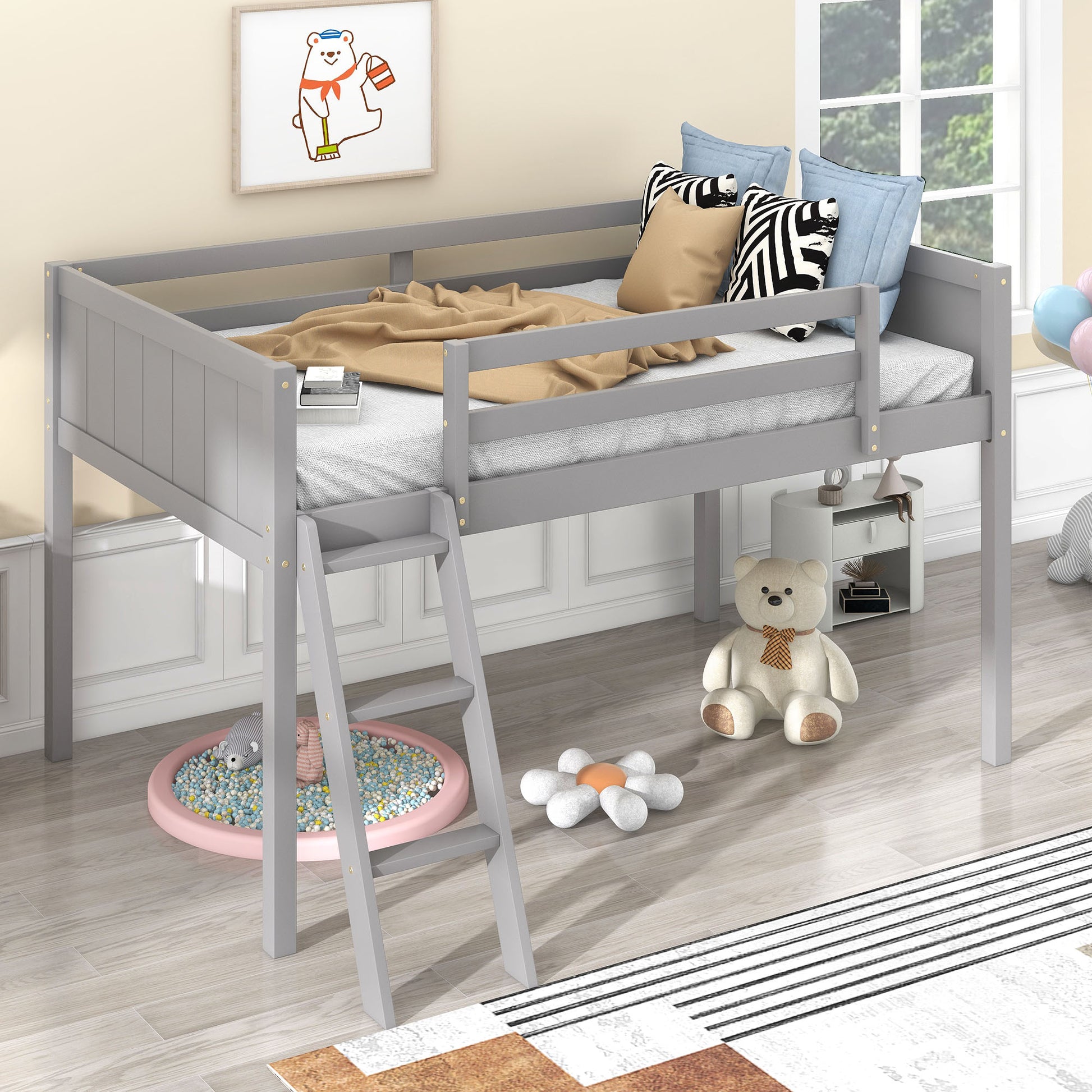 Twin Size Wood Low Loft Bed With Ladder, Ladder Can Be Placed On The Left Or Right, Gray Box Spring Not Required Twin Gray Wood Bedroom Solid Wood Mdf