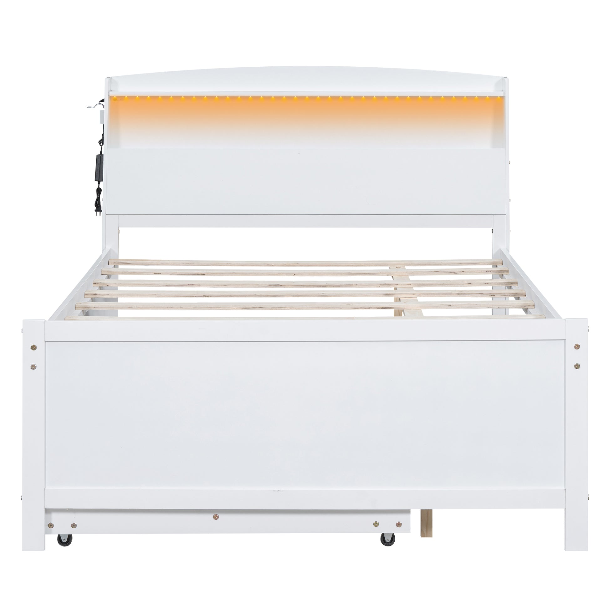 Full Size Platform Bed With Storage Led Headboard, Twin Size Trundle And 3 Drawers, White Box Spring Not Required Full White Bedroom Bed Frame Solid Wood Mdf