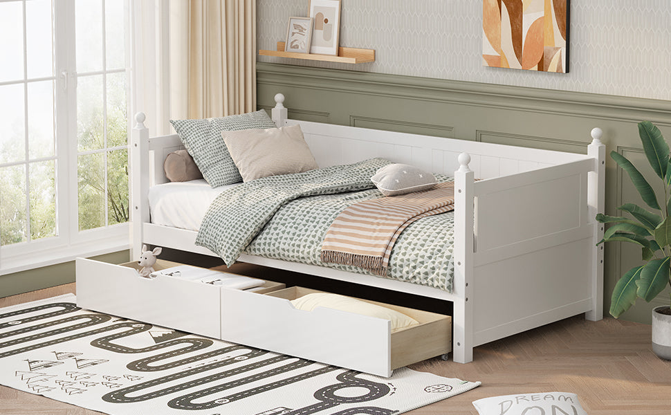 Twin Size Solid Wood Daybed With 2 Drawers For Limited Space Kids, Teens, Adults, No Need Box Spring, White Box Spring Not Required Twin White Wood Bedroom Mid Century Modern,Modern Pine Daybeds Wood