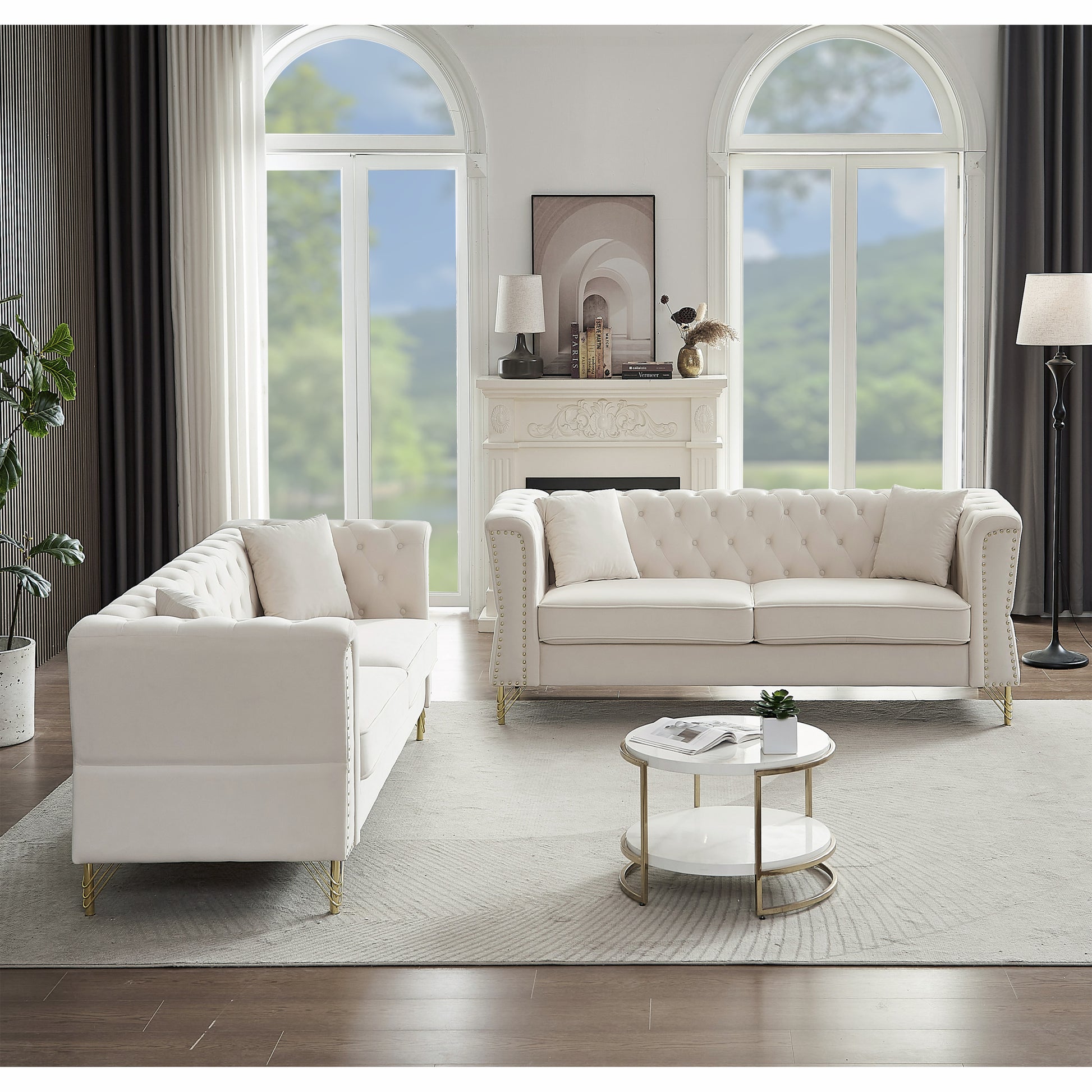 3 Seater 3 Seater Combination Sofa Tufted Couch With Rolled Arms And For Living Room, Bedroom, Office, Apartment, Four Pillows Beige Foam Velvet