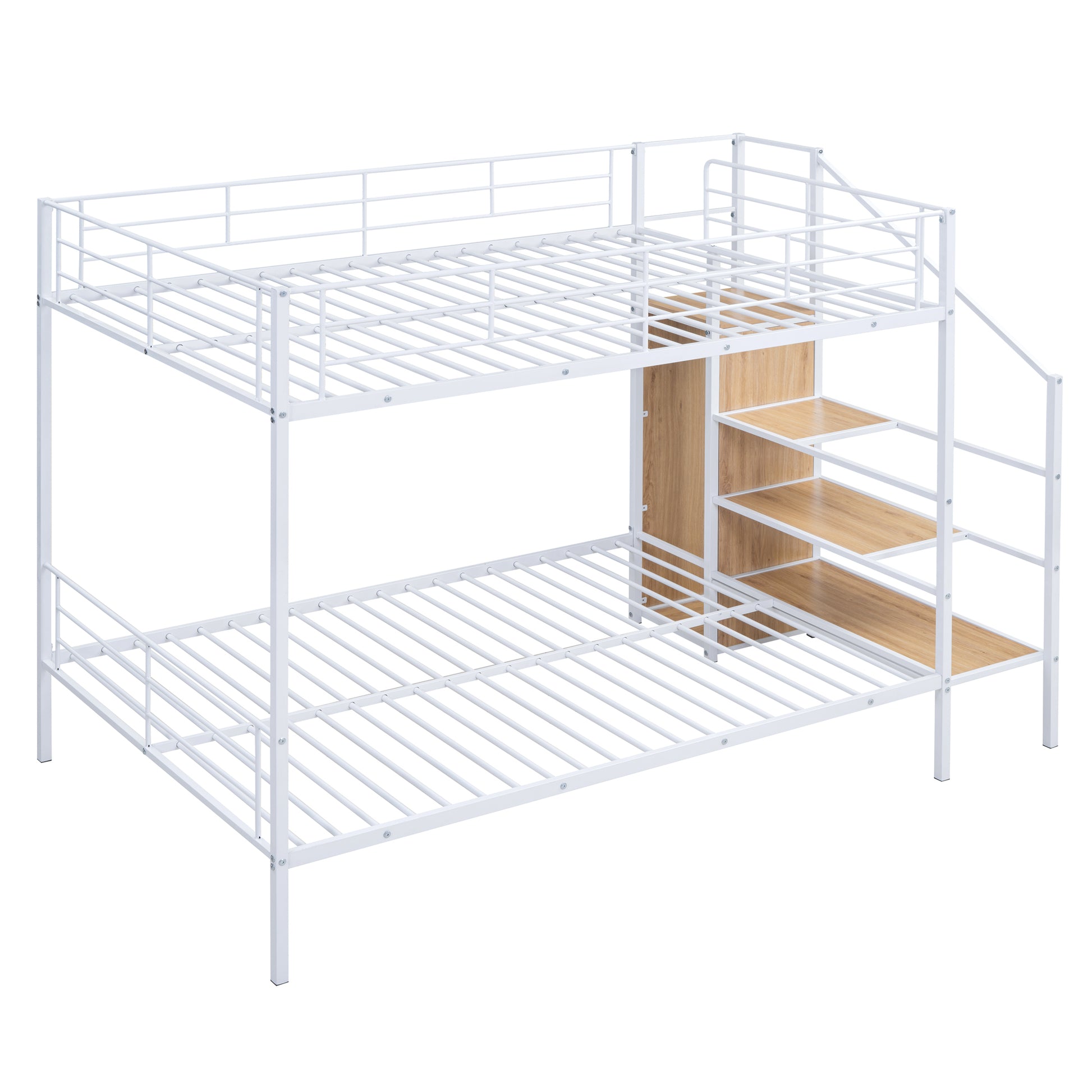 Full Over Full Metal Bunk Bed With Lateral Storage Ladder And Wardrobe, White White Iron