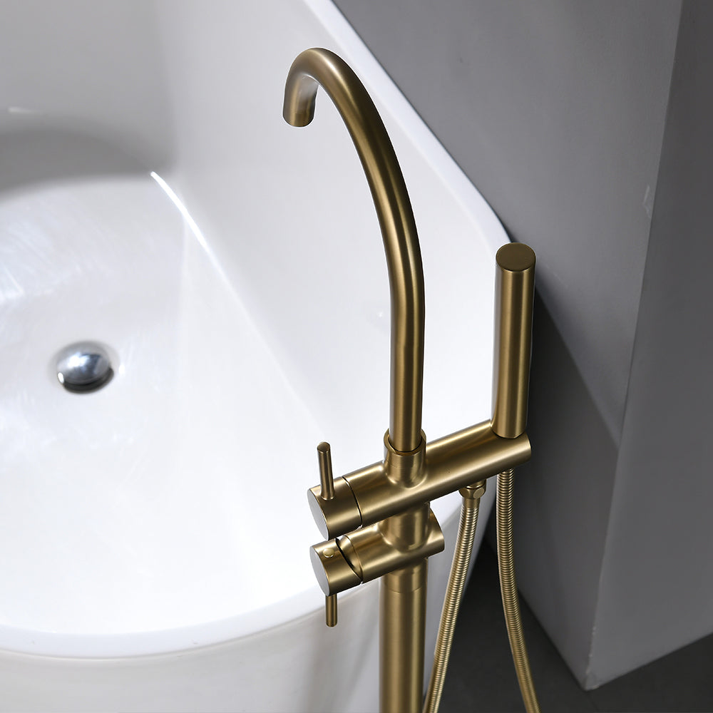 Single Handle Freestanding Tub Filler Floor Mount Bathtub Faucet With Handheld Shower Brushed Gold Bathroom Joystick Claw Foot Tub Faucets Curved Two Brushed Gold Pull Out Floor Mounted Cartridge Valve Single Hole Faucets Gold Antique,Classic 1 Hole