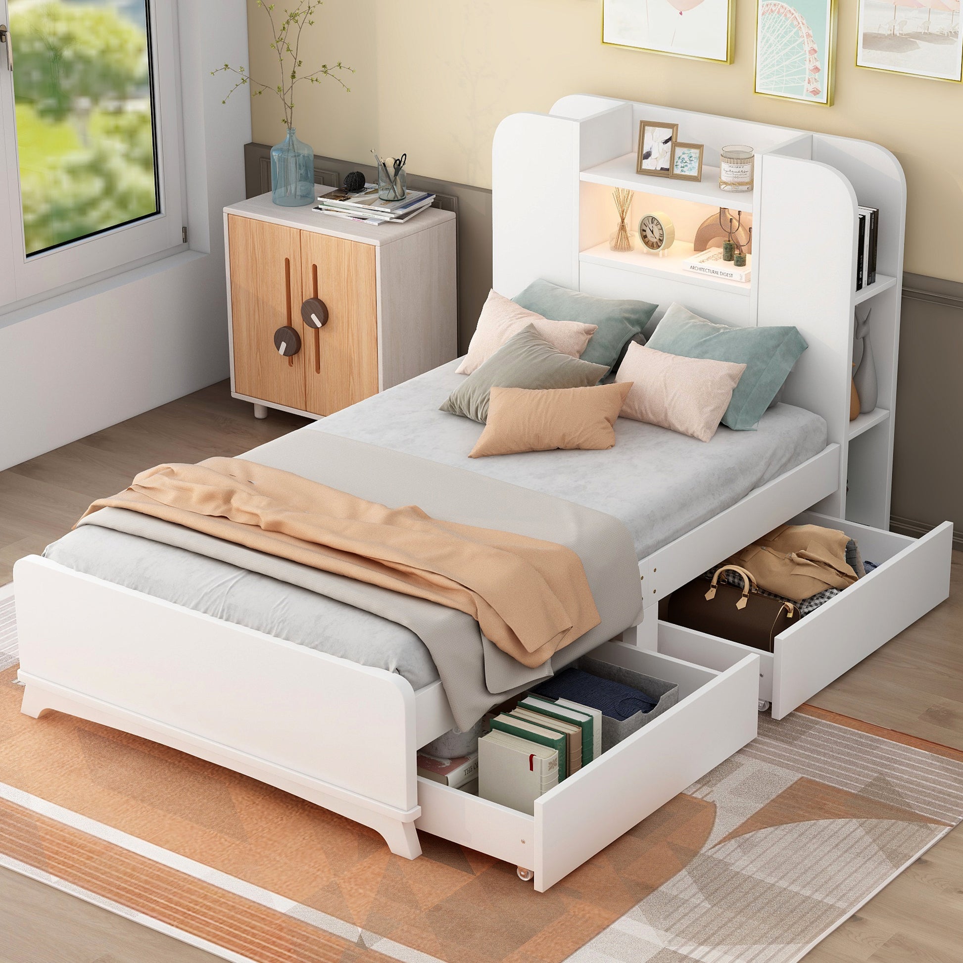 Twin Size Storage Platform Bed Frame With With Two Drawers And Light Strip Design In Headboard,White White Solid Wood Mdf