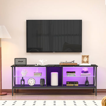 Tv Stand,Iron Tv Cabinet,Entertainment Center, Tv Set, Media Console, With Led Lights, Remote Control,Toughened Glass Stand,Can Be Placed In The Living Room, Bedroom, Color:Black With Marble Texture Black Primary Living Space 60 69 Inches 60 69 Inches 65