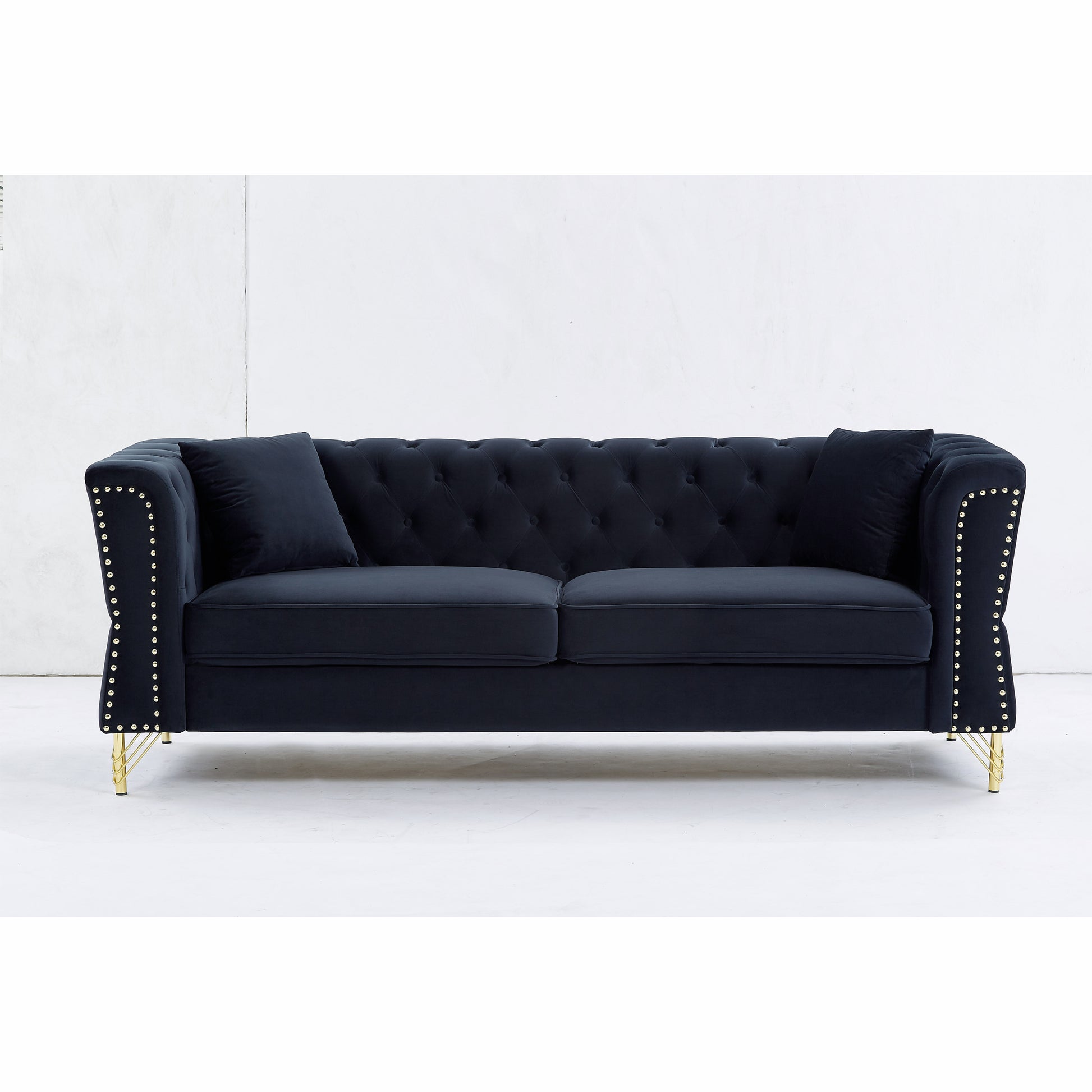 81.8" Chesterfield Sofa Grey Velvet For Living Room, 3 Seater Sofa Tufted Couch With Metal Foot And For Living Room, Bedroom, Office, Apartment, Two Pillows Black Foam Velvet
