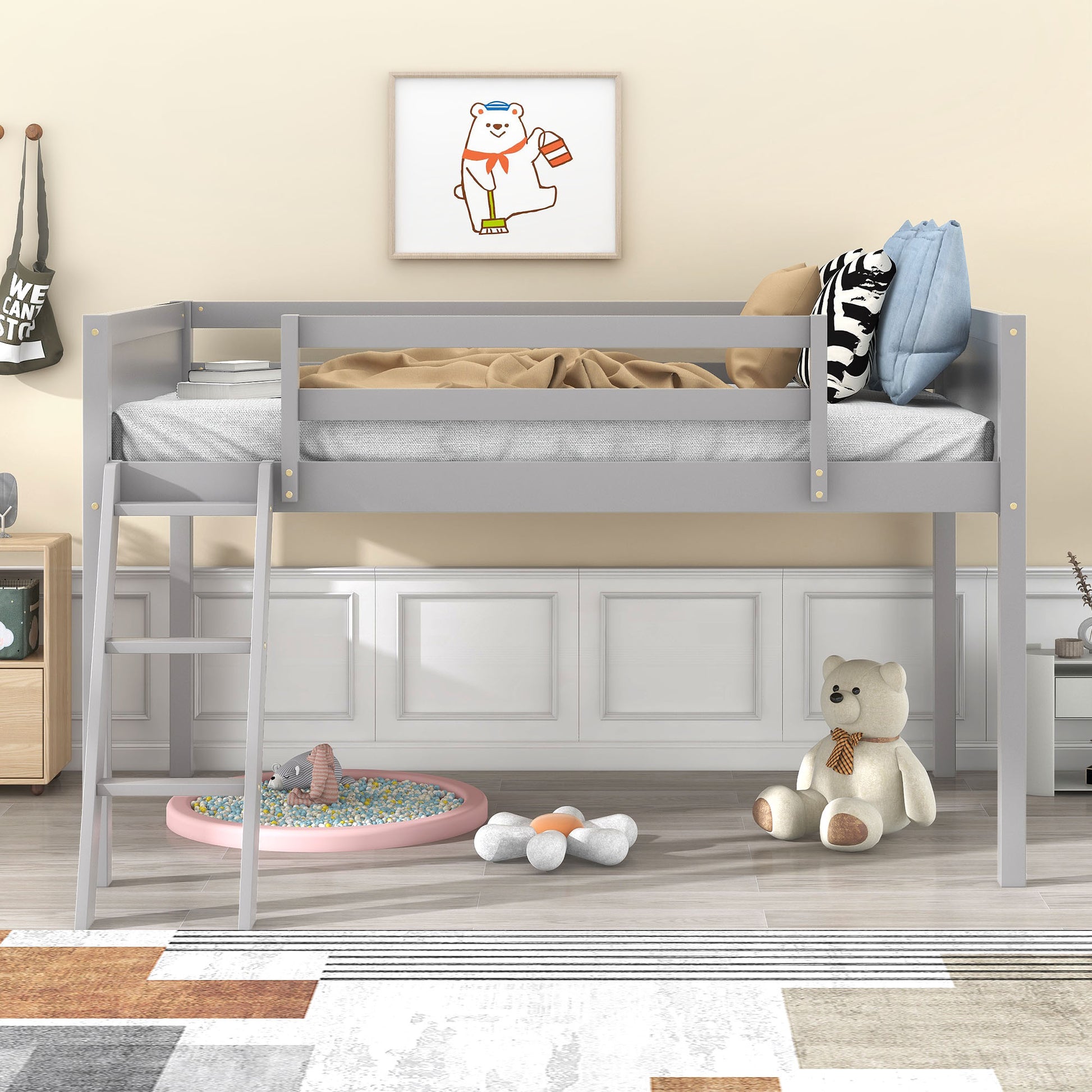 Twin Size Wood Low Loft Bed With Ladder, Ladder Can Be Placed On The Left Or Right, Gray Box Spring Not Required Twin Gray Wood Bedroom Solid Wood Mdf