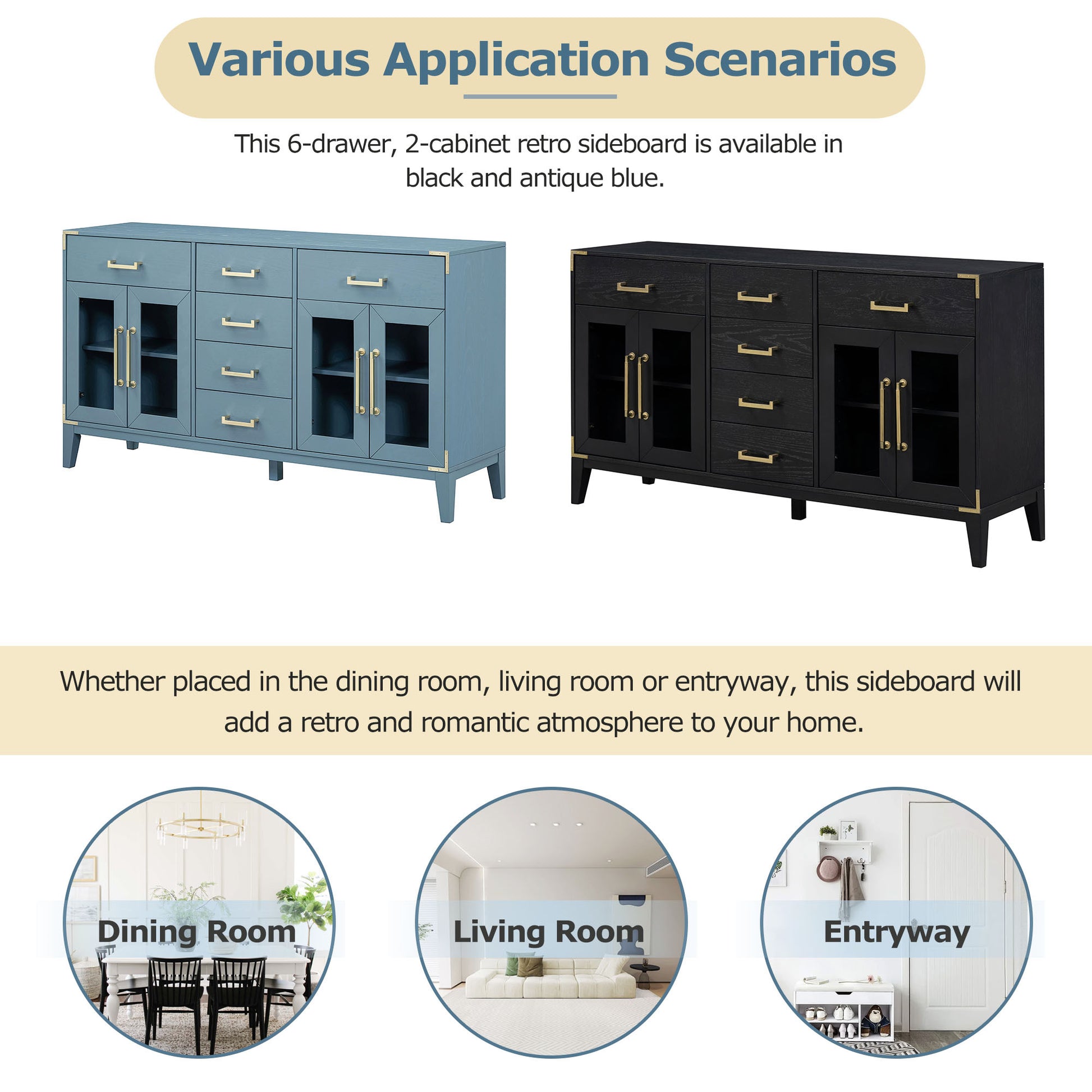 6 Drawer And 2 Cabinet Retro Sideboard With Extra Large Storage Space, With Gold Handles And Solid Wood Legs, For Kitchen And Living Room Antique Blue Antique Blue Solid Wood Mdf