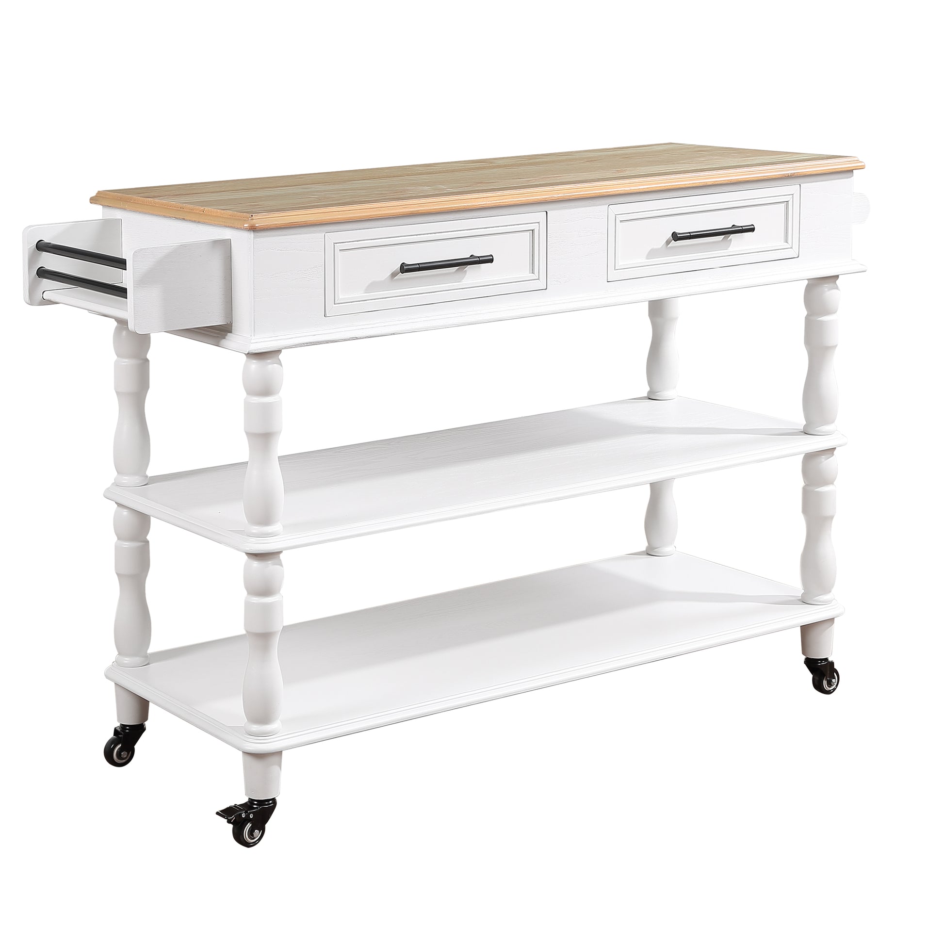 56 Inch Rolling Kitchen Island With Storage,Kitchen Cart With Solid Oak Wood Top,Two Sided Kitchen Island Cart On Wheels ,Wine And Spice Rack, Large Kitchen Cart With 2 Drawers, Milk White Natural Top Milk White Dining Room American Design,Antique